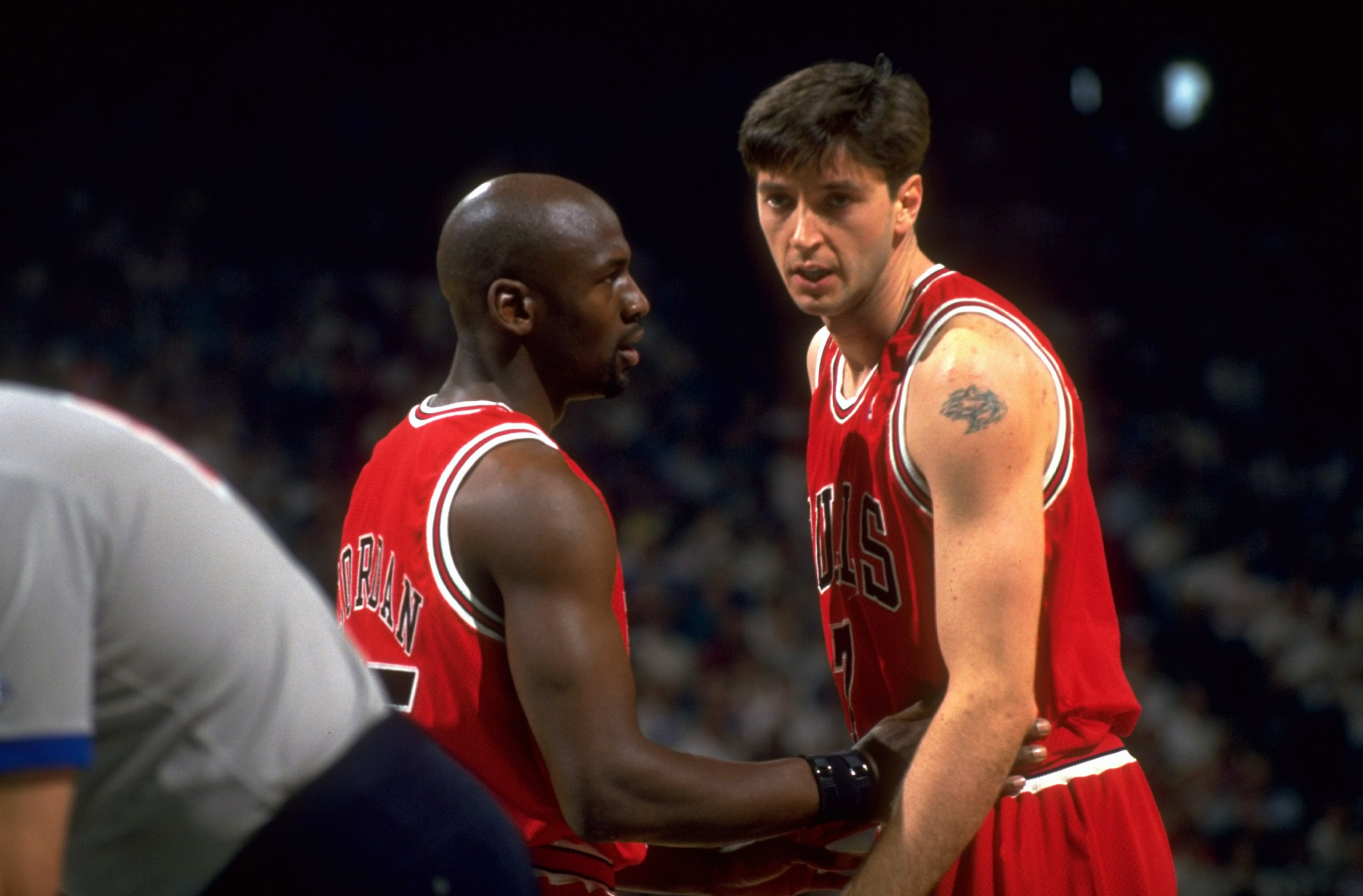 Basketball: NBA Playoffs: Chicago Bulls Michael Jordan (45) with Toni Kukoc (7) during game vs Charlotte Hornets at Charlotte Coliseum. Game 1.
Charlotte, NC 4/28/1995
CREDIT: David E. Klutho (Photo by David E. Klutho /Sports Illustrated via Getty Images)
(Set Number: X48216 )