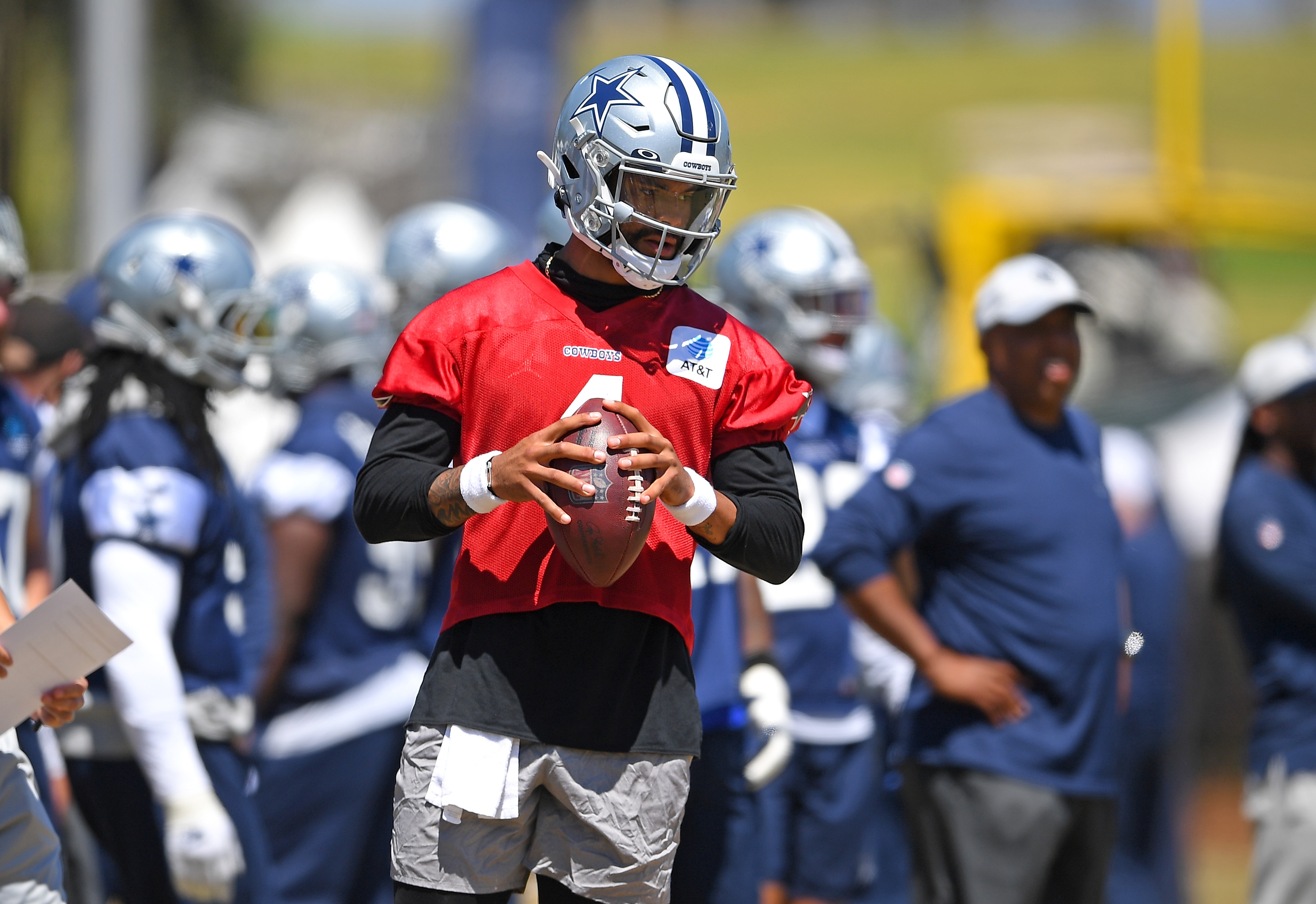 OXNARD, CA - AUGUST 03: Quarterback Dak Prescott #4 of the Dallas Cowboys on the field during practice at River Ridge Complex on August 3, 2021 in Oxnard, California. (Photo by Jayne Kamin-Oncea/Getty Images)