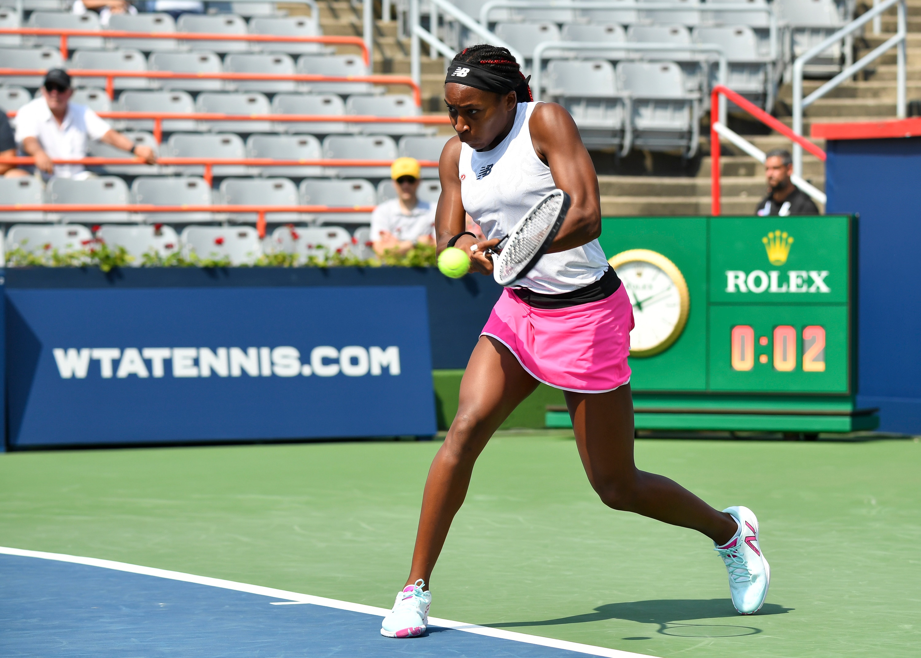 MONTREAL, QC - AUGUST 10:  Cori Gauff of the United States prepares to hit a return during her Women's Singles match against Anastasija Sevastova of Latvia on Day Two of the National Bank Open presented by Rogers at IGA Stadium on August 10, 2021 in Montreal, Canada.  (Photo by Minas Panagiotakis/Getty Images)