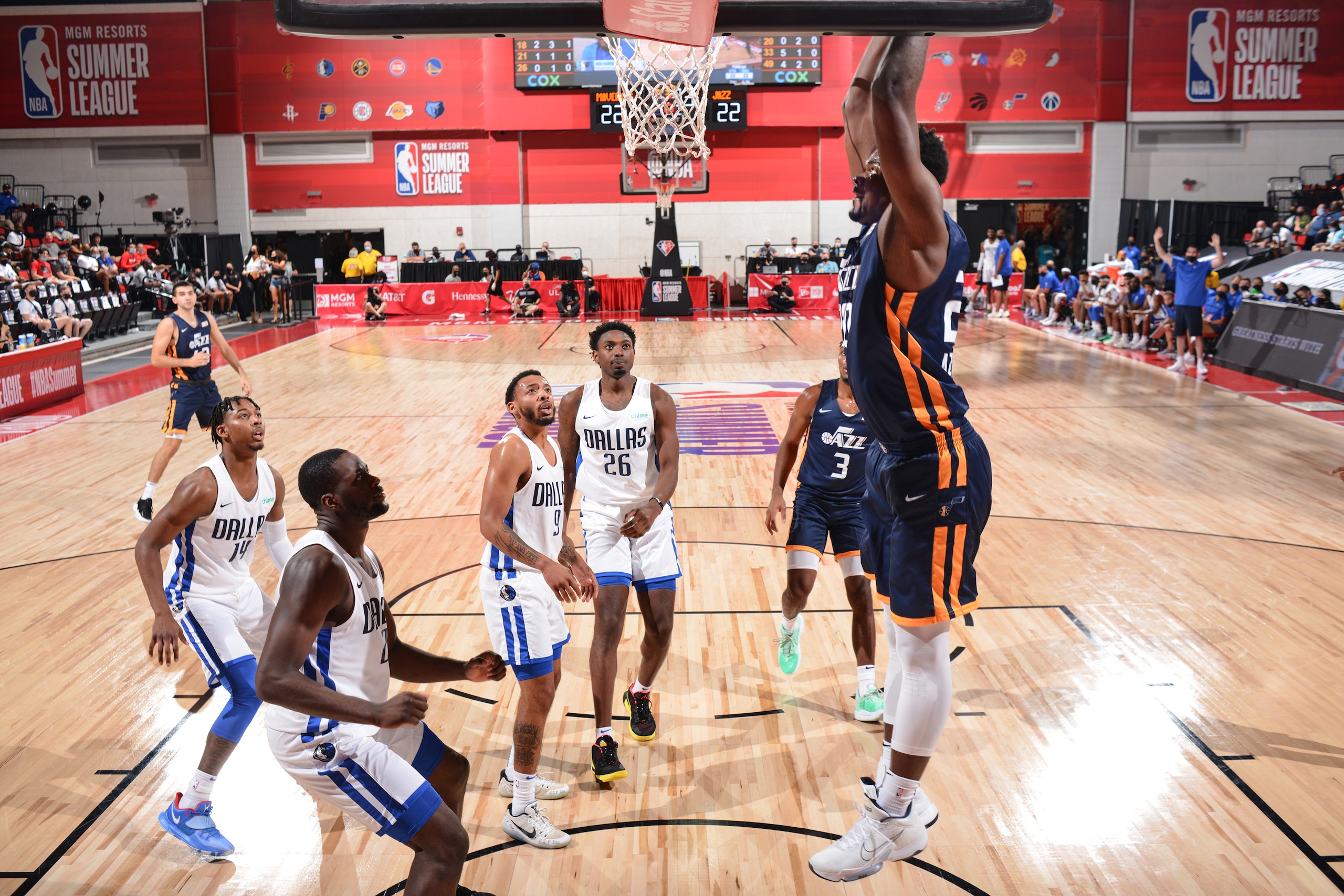 LAS VEGAS, NV - AUGUST 8: Udoka Azubuike #20 of the Utah Jazz dunks the ball against the Dallas Mavericks during the 2021 Las Vegas Summer League on August 8, 2021 at the Cox Pavilion in Las Vegas, Nevada. NOTE TO USER: User expressly acknowledges and agrees that, by downloading and/or using this Photograph, user is consenting to the terms and conditions of the Getty Images License Agreement. Mandatory Copyright Notice: Copyright 2021 NBAE (Photo by Bart Young/NBAE via Getty Images)