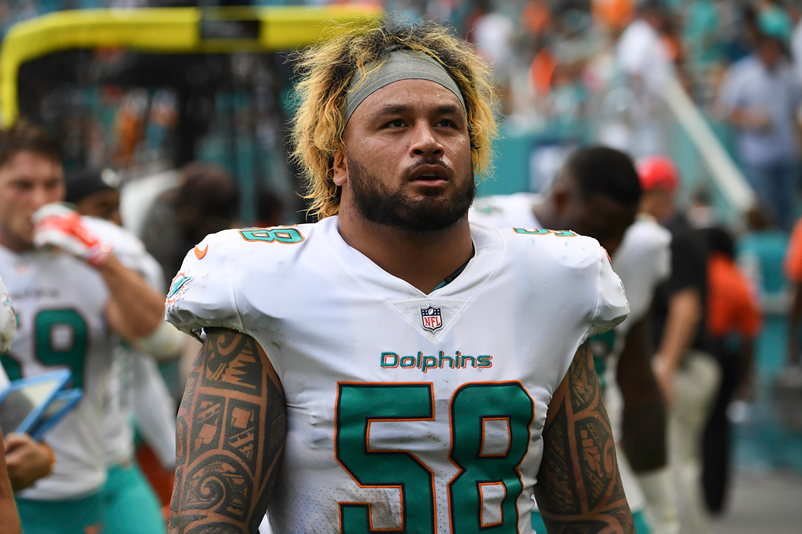 MIAMI GARDENS, FL - OCTOBER 08:  Rey Maualuga #58 of the Miami Dolphins looks on during a NFL game against the Tennessee Titans on October 8, 2017 at Hard Rock Stadium in Miami Gardens, Florida.  (Photo by Ron Elkman/Sports Imagery/Getty Images) 