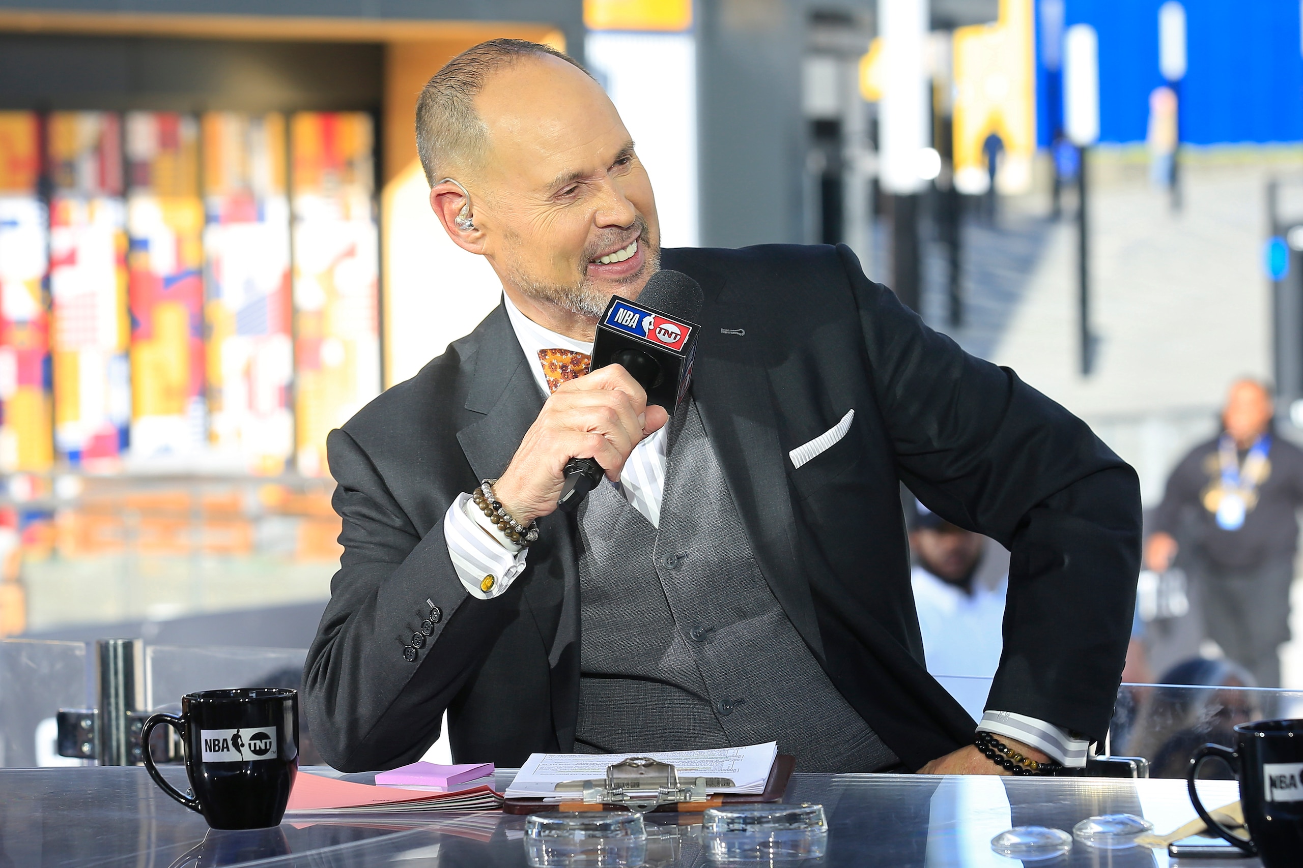 SAN FRANCISCO, CA - OCTOBER 24:  NBA TNT Analyst, Ernie Johnson talks outside the Chase Center before the LA Clippers game against the Golden State Warriors on October 24, 2019 in San Francisco, California. NOTE TO USER: User expressly acknowledges and agrees that, by downloading and or using this photograph, user is consenting to the terms and conditions of Getty Images License Agreement. Mandatory Copyright Notice: Copyright 2019 NBAE (Photo by Jack Arent/NBAE via Getty Images)