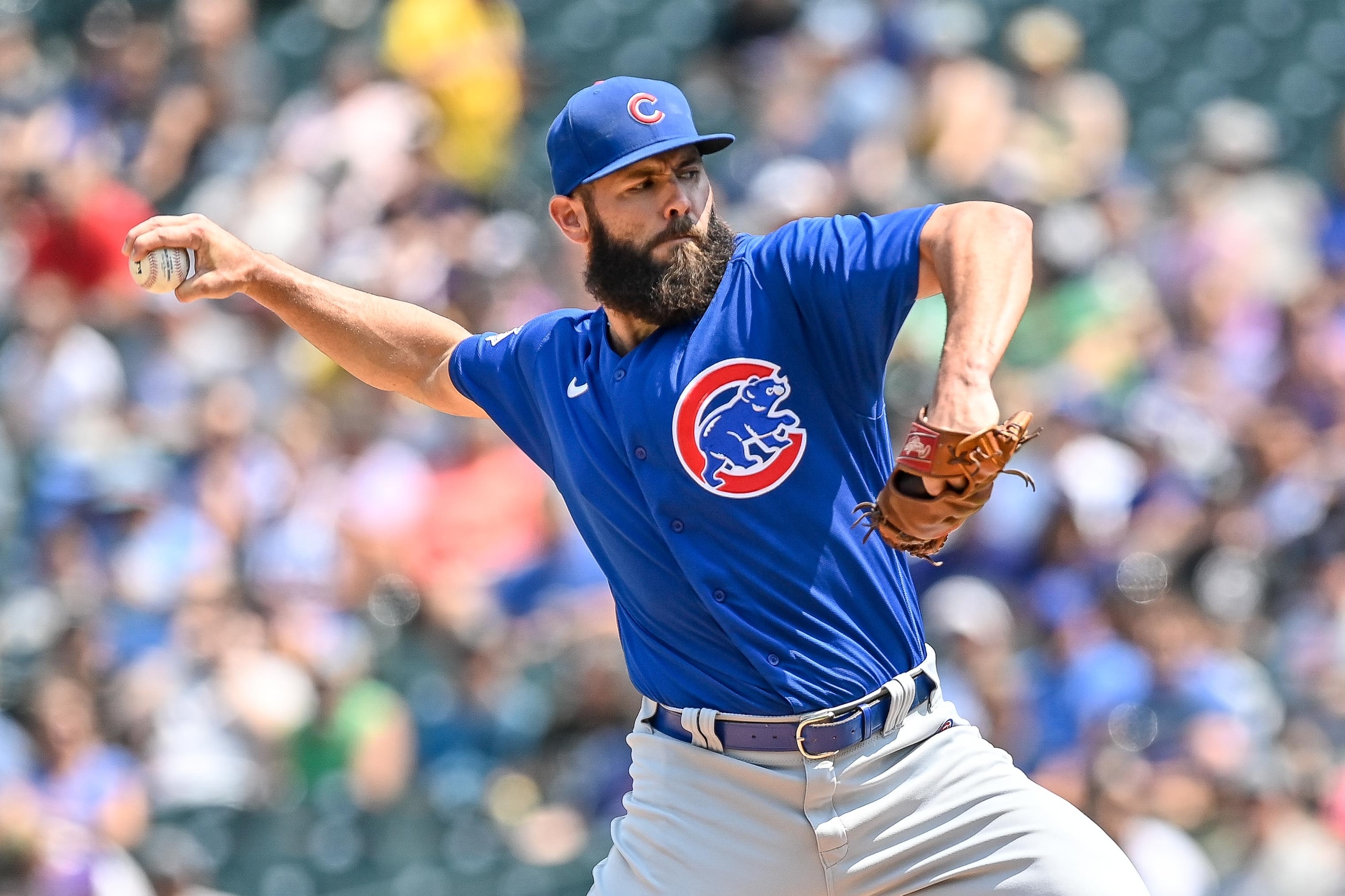 DENVER, CO - AUGUST 5:  Chicago Cubs starting pitcher Jake Arrieta (49) pitches during a game between the Colorado Rockies and the Chicago Cubs at Coors Field in Denver, Colorado on August 5, 2021. (Photo by Dustin Bradford/Icon Sportswire via Getty Images)