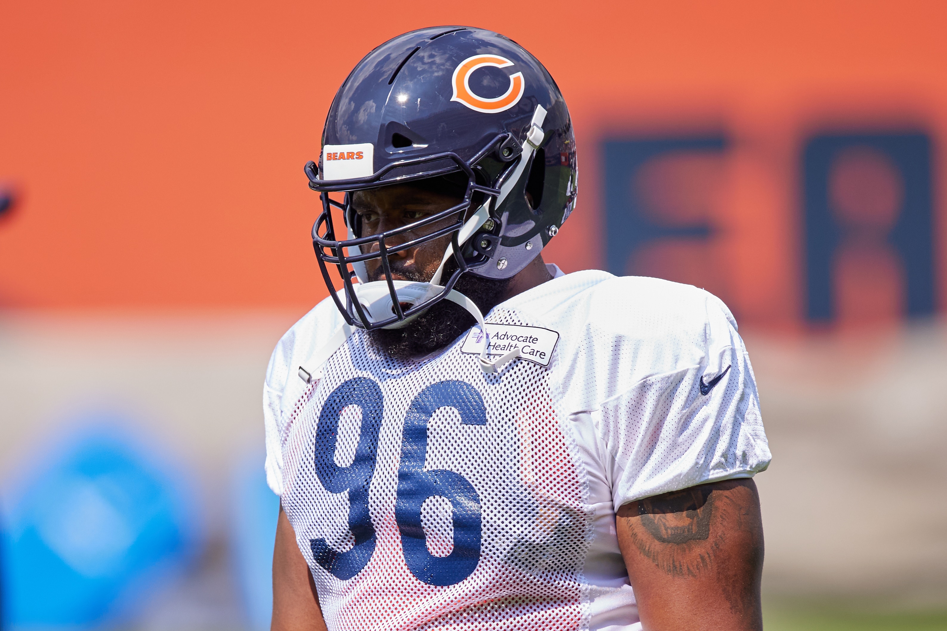 CHICAGO, IL - AUGUST 03: Chicago Bears defensive end Akiem Hicks (96) looks on during the Chicago Bears training camp on Family Fest Day at Soldier Field on August 3, 2021 at Soldier Field in Chicago, IL. (Photo by Robin Alam/Icon Sportswire via Getty Images) CHICAGO, IL - AUGUST 03: Chicago Bears defensive end Akiem Hicks (96) looks on during the Chicago Bears training camp on Family Fest Day at Soldier Field on August 3, 2021 at Soldier Field in Chicago, IL. (Photo by Robin Alam/Icon Sportswire via Getty Images)