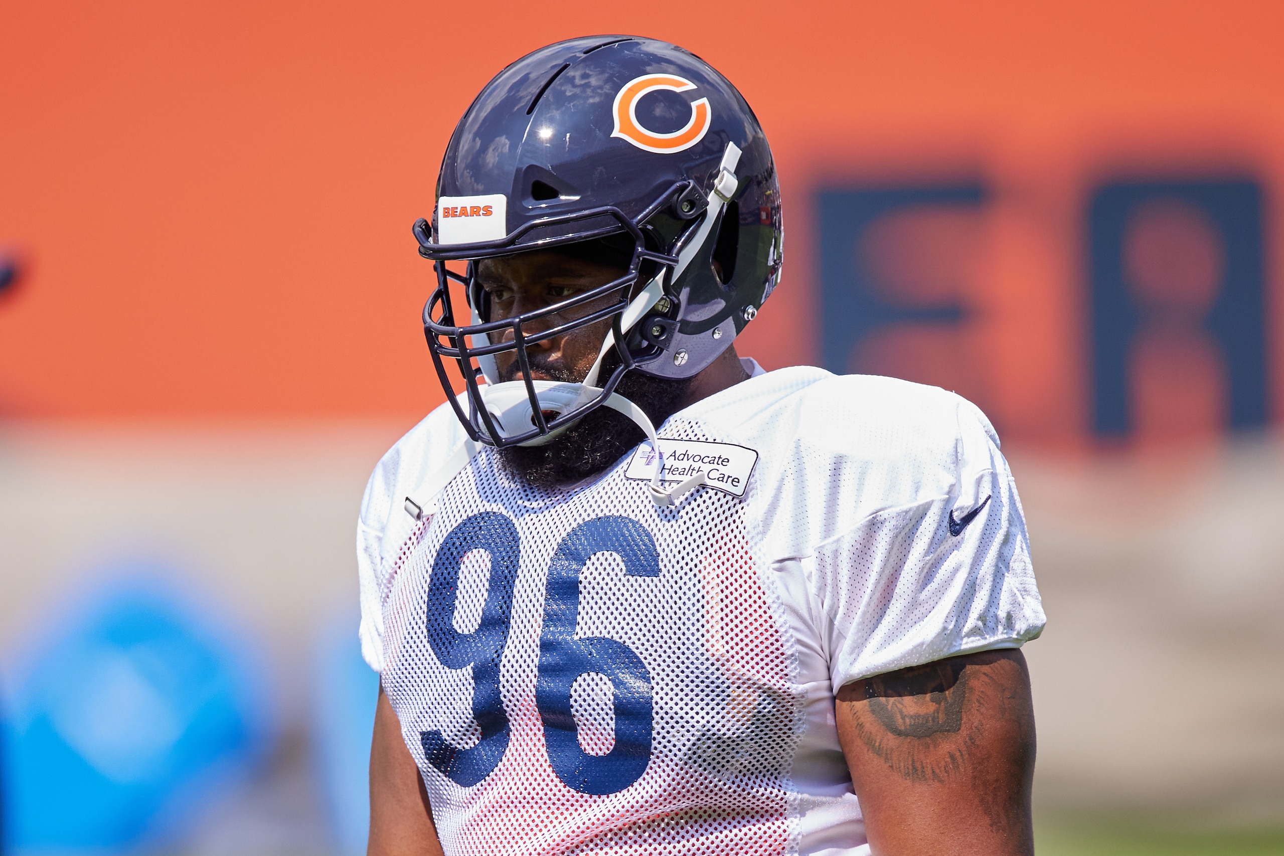 CHICAGO, IL - AUGUST 03: Chicago Bears defensive end Akiem Hicks (96) looks on during the Chicago Bears training camp on Family Fest Day at Soldier Field on August 3, 2021 at Soldier Field in Chicago, IL. (Photo by Robin Alam/Icon Sportswire via Getty Images)