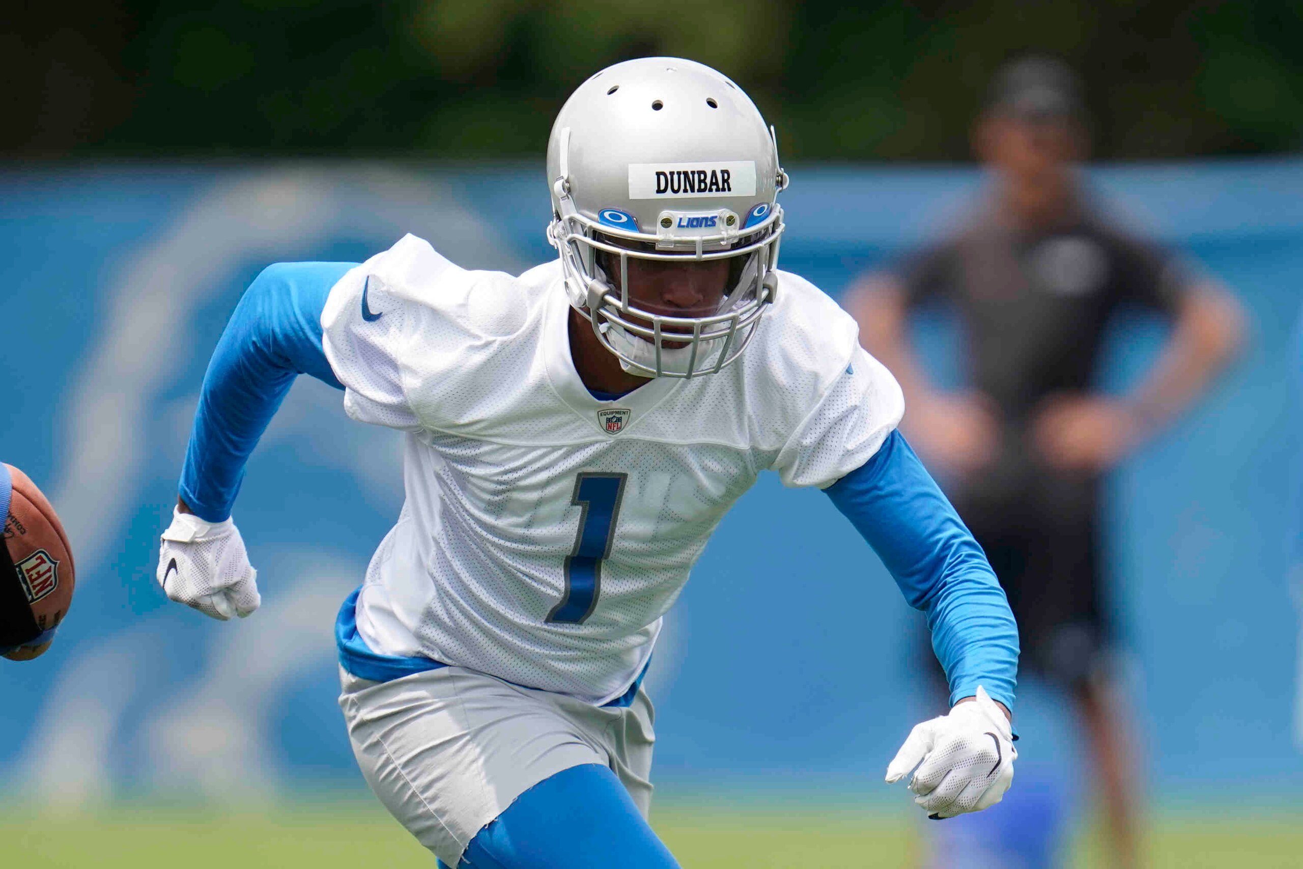 Detroit Lions cornerback Quinton Dunbar runs a drill during an NFL football practice in Allen Park, Mich., Tuesday, June 8, 2021. (AP Photo/Paul Sancya)