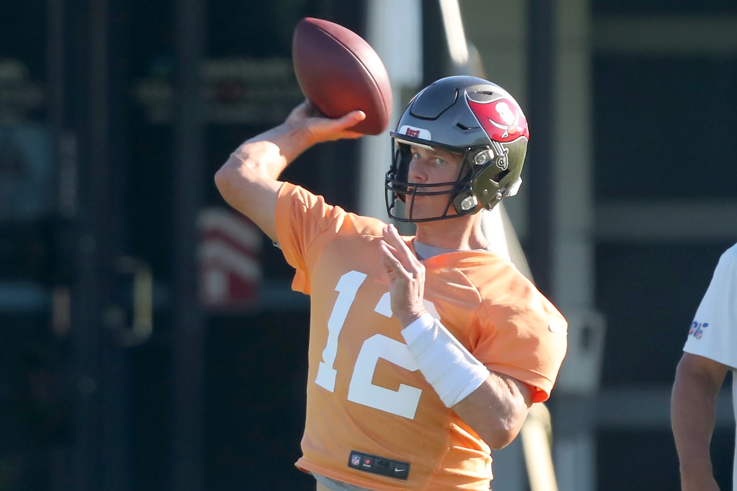 TAMPA, FL - AUG 12: Tom Brady (12) throws a pass during the Tampa Bay Buccaneers Training Camp on August 12, 2021 at the AdventHealth Training Center at One Buccaneer Place in Tampa, Florida. (Photo by Cliff Welch/Icon Sportswire via Getty Images) TAMPA, FL - AUG 12: Tom Brady (12) throws a pass during the Tampa Bay Buccaneers Training Camp on August 12, 2021 at the AdventHealth Training Center at One Buccaneer Place in Tampa, Florida. (Photo by Cliff Welch/Icon Sportswire via Getty Images)