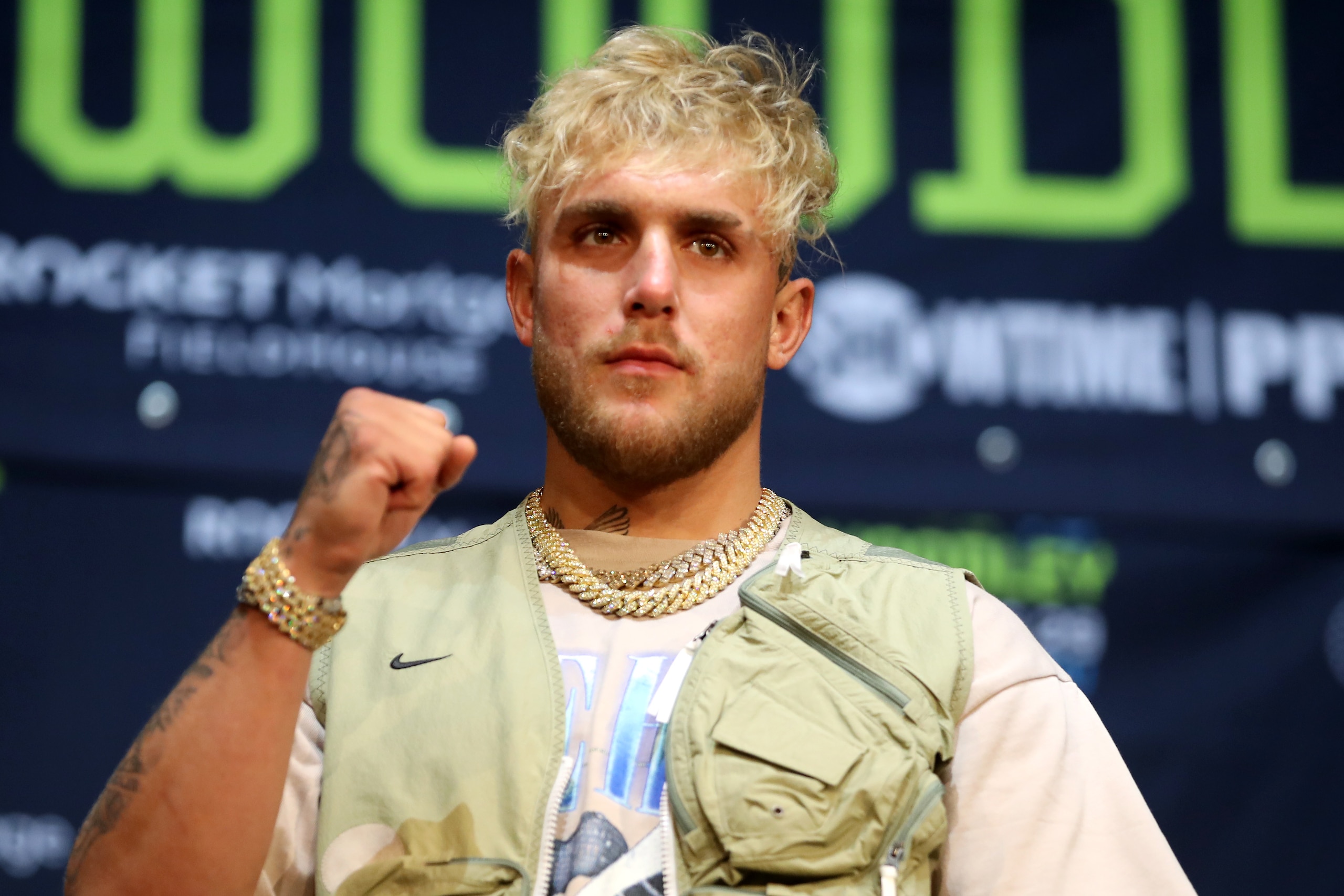 LOS ANGELES, CALIFORNIA - JULY 13: Jake Paul poses for media during a press conference before his cruiserweight fight against Tyron Woodley at The Novo by Microsoft at L.A. Live on July 13, 2021 in Los Angeles, California. (Photo by Katelyn Mulcahy/Getty Images)