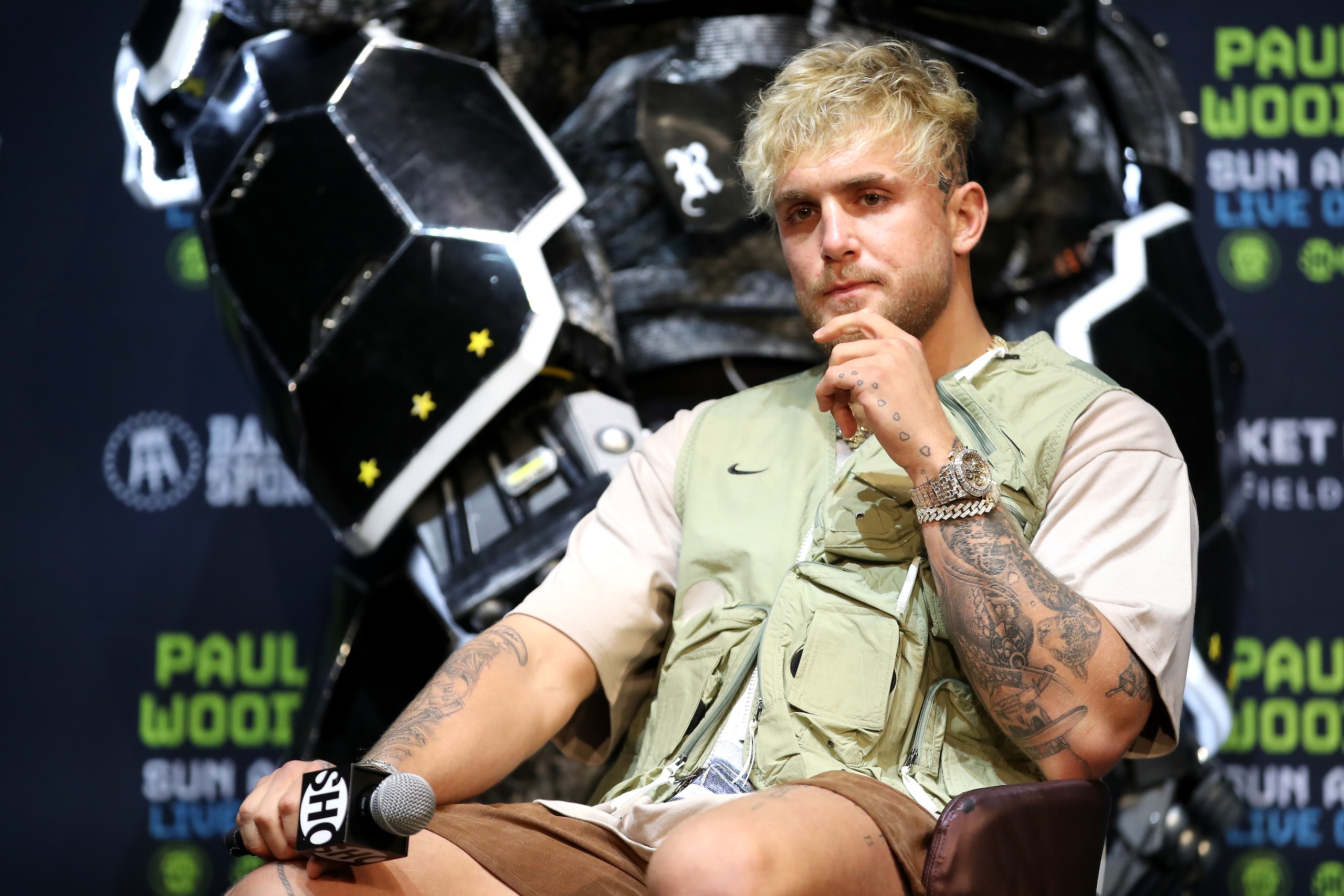 LOS ANGELES, CALIFORNIA - JULY 13: Jake Paul looks on during a press conference before his cruiserweight fight against Tyron Woodley at The Novo by Microsoft at L.A. Live on July 13, 2021 in Los Angeles, California. (Photo by Katelyn Mulcahy/Getty Images)
