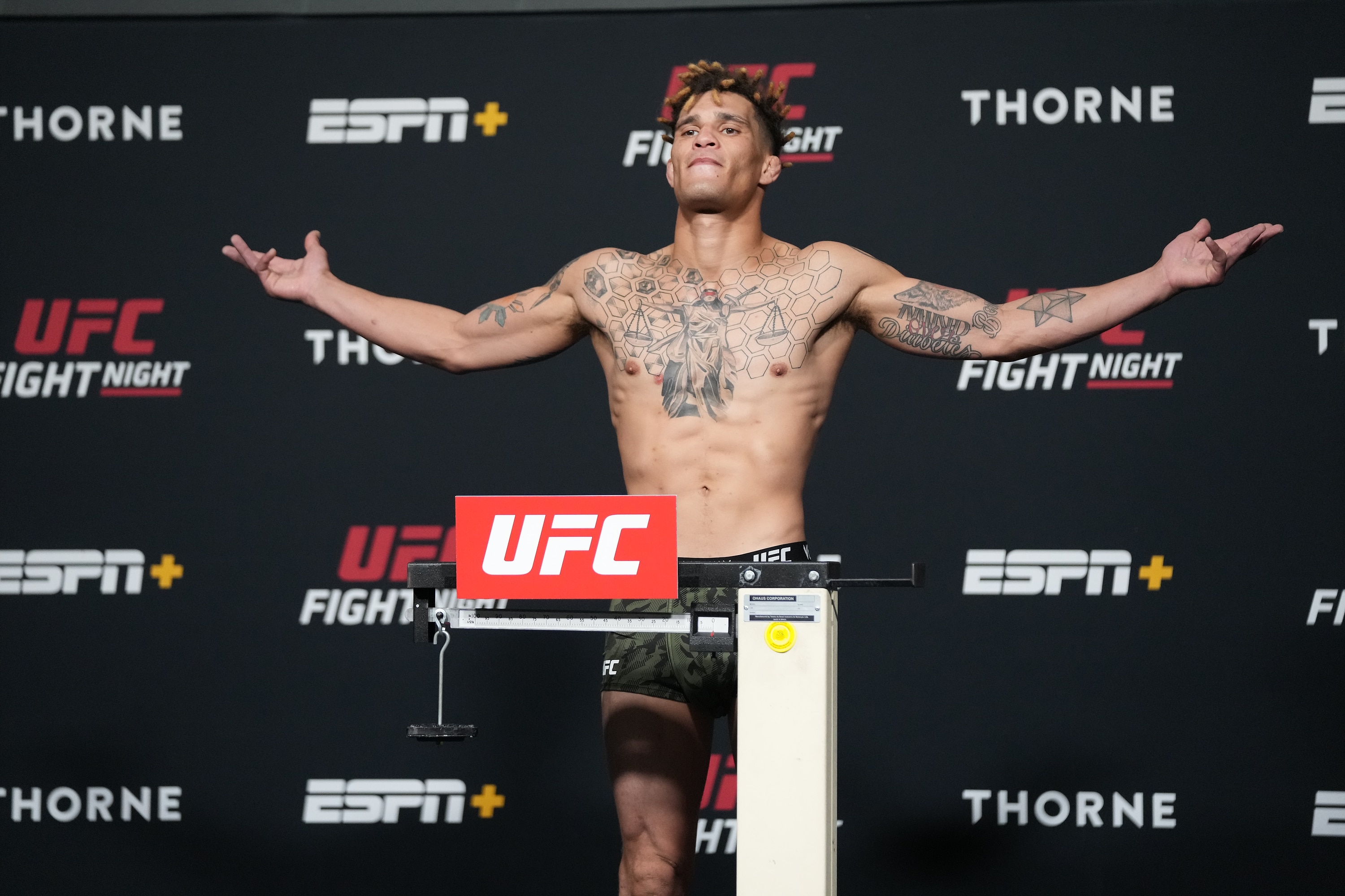 LAS VEGAS, NV - JULY 23: Jordan Williams steps on the scale for the UFC Fight Night Vegas 32 official weigh-in on July 23, 2021 at UFC APEX  in Las Vegas, NV. (Photo by Louis Grasse/PxImages/Icon Sportswire via Getty Images)