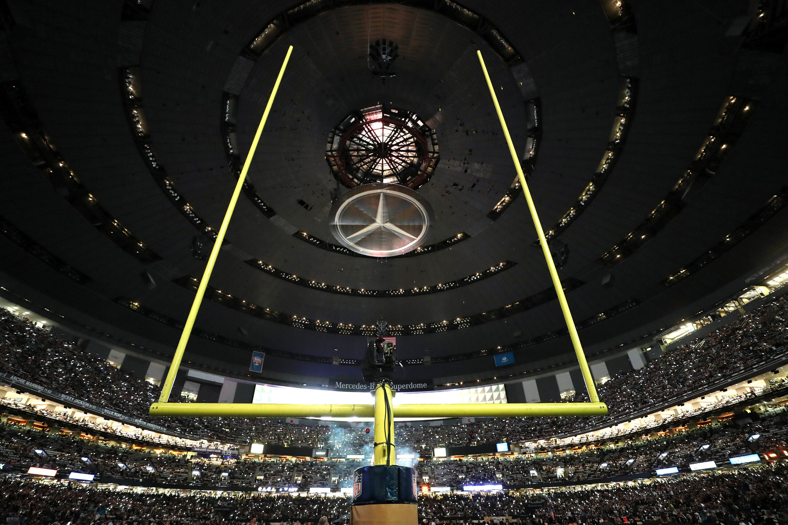 Football: View of goalpost and Mercedes-Benz logo during New Orleans Saints vs Carolina Panthers game at Mercedes-Benz Superdome.
New Orleans, LA 11/24/2019
CREDIT: Simon Bruty (Photo by Simon Bruty /Sports Illustrated/Getty Images)
(Set Number: X163080 TK1 ) Football: View of goalpost and Mercedes-Benz logo during New Orleans Saints vs Carolina Panthers game at Mercedes-Benz Superdome.
New Orleans, LA 11/24/2019
CREDIT: Simon Bruty (Photo by Simon Bruty /Sports Illustrated/Getty Images)
(Set Number: X163080 TK1 )