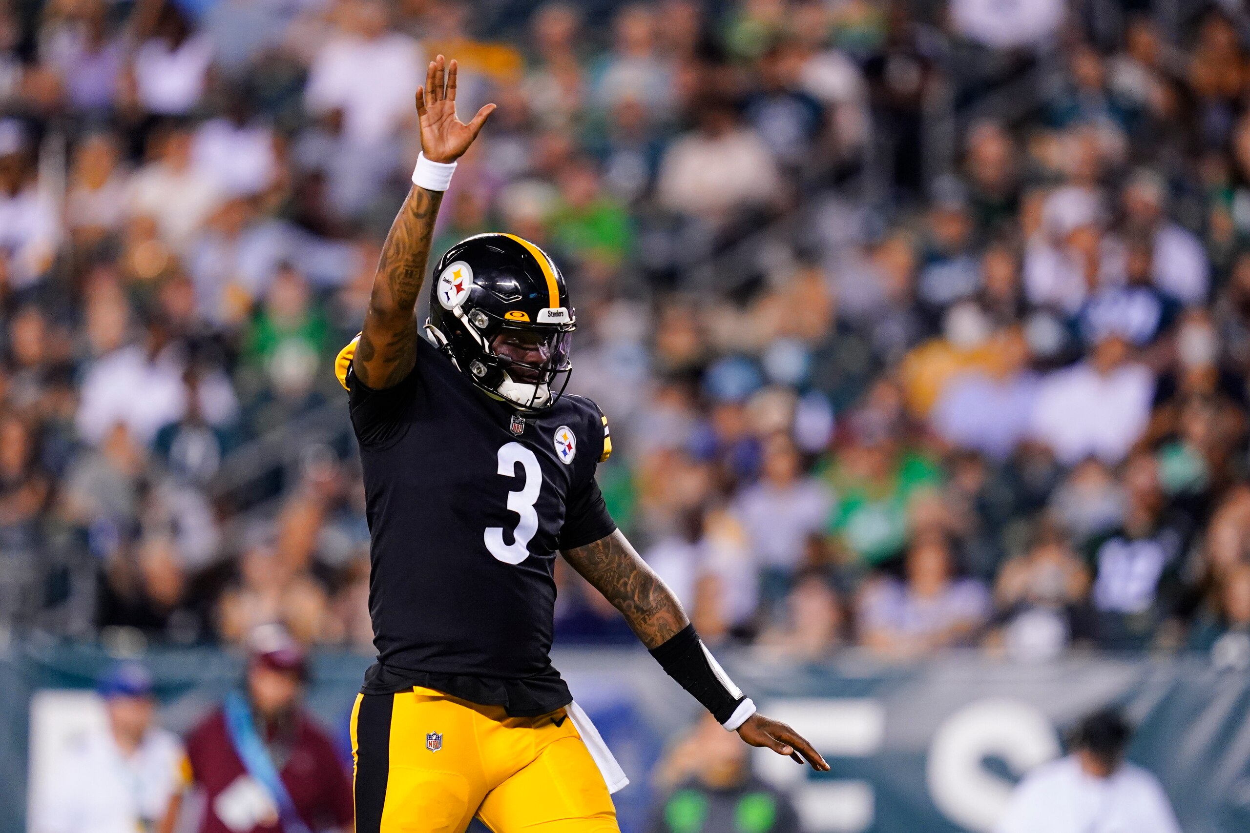 Pittsburgh Steelers quarterback Dwayne Haskins reacts after teammate Jaylen Samuels scores a touchdown during the second half of a preseason NFL football game Thursday, Aug. 12, 2021, in Philadelphia. (AP Photo/Matt Slocum)