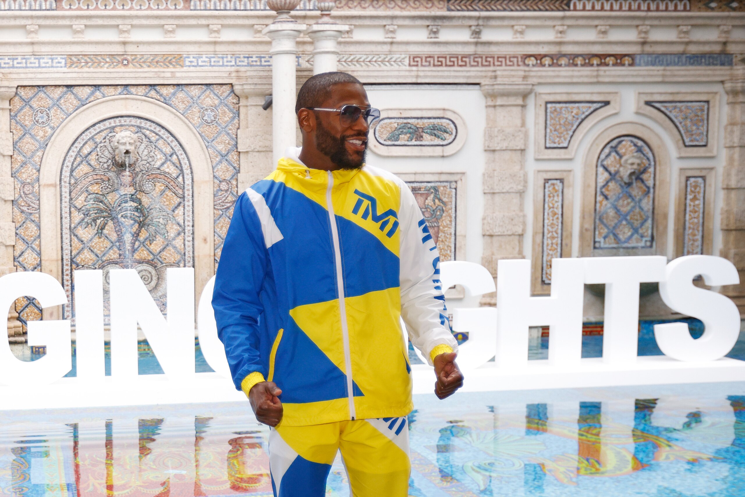 MIAMI BEACH, FLORIDA - JUNE 03: Floyd Mayweather takes part in media availability ahead of his June 6th exhibition boxing match against Logan Paul on June 03, 2021 at Villa Casa Casuarina at the former Versace Mansion in Miami Beach, Florida. (Photo by Cliff Hawkins/Getty Images)