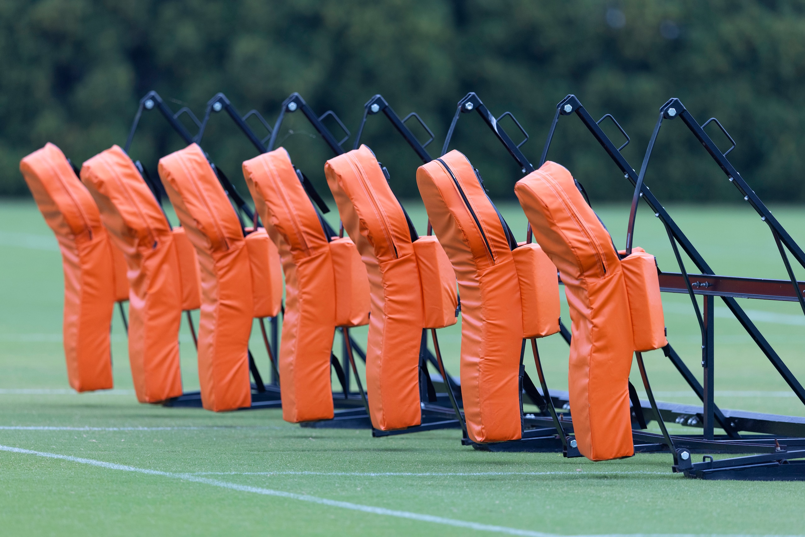 PHILADELPHIA, PA - JULY 29: A detailed view of the padded football sleds during the Philadelphia Eagles training camp at the NovaCare Complex on July 29, 2021 in Philadelphia, Pennsylvania. (Photo by Mitchell Leff/Getty Images)
