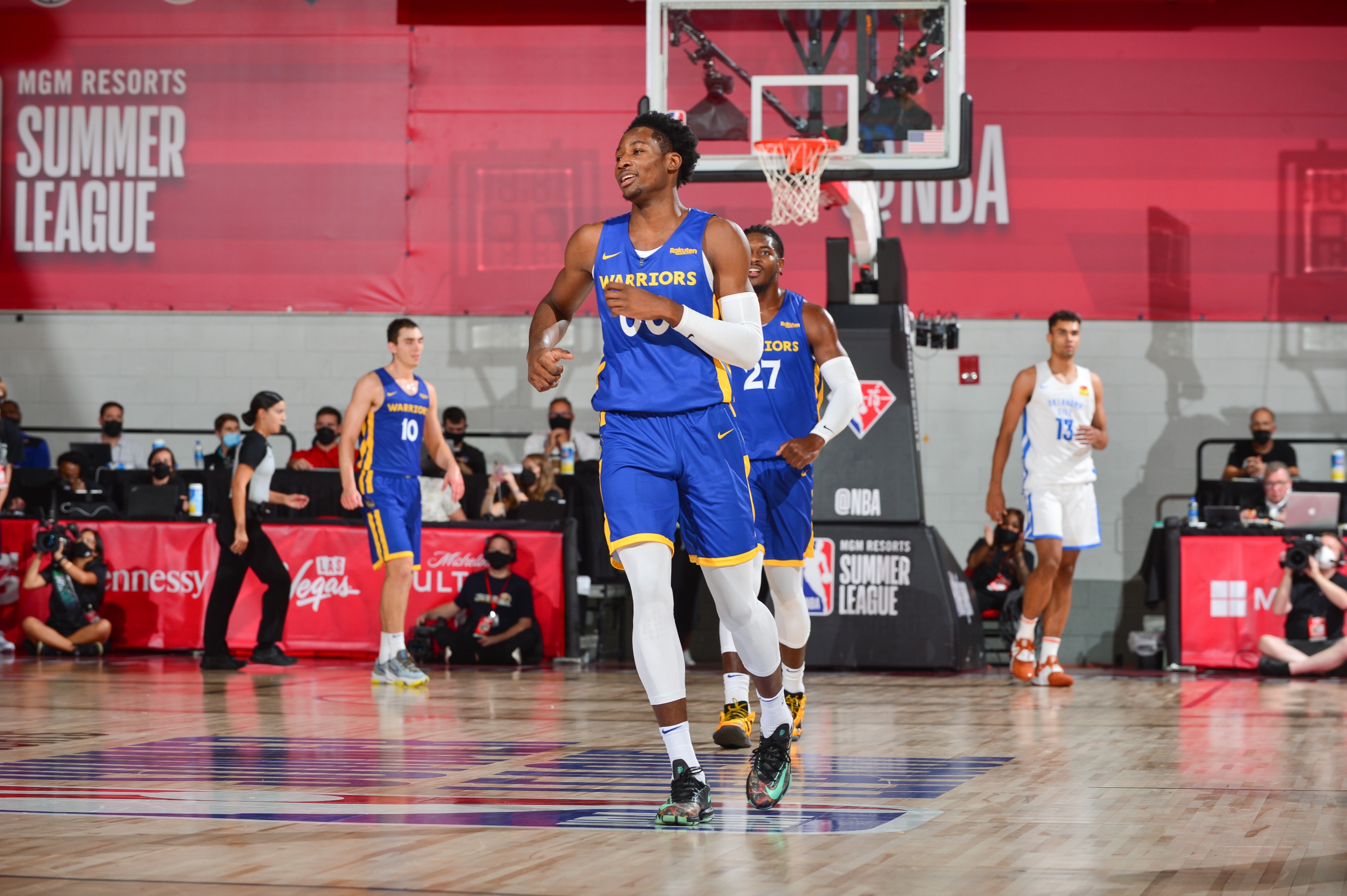 LAS VEGAS, NV - AUGUST 13: Jonathan Kuminga #00 of the Golden State Warriors smiles during the game against the Oklahoma City Thunder during the 2021 Las Vegas Summer League on August 13, 2021 at the Thomas & Mack Center in Las Vegas, Nevada. NOTE TO USER: User expressly acknowledges and agrees that, by downloading and/or using this Photograph, user is consenting to the terms and conditions of the Getty Images License Agreement. Mandatory Copyright Notice: Copyright 2021 NBAE (Photo by Bart Young/NBAE via Getty Images)