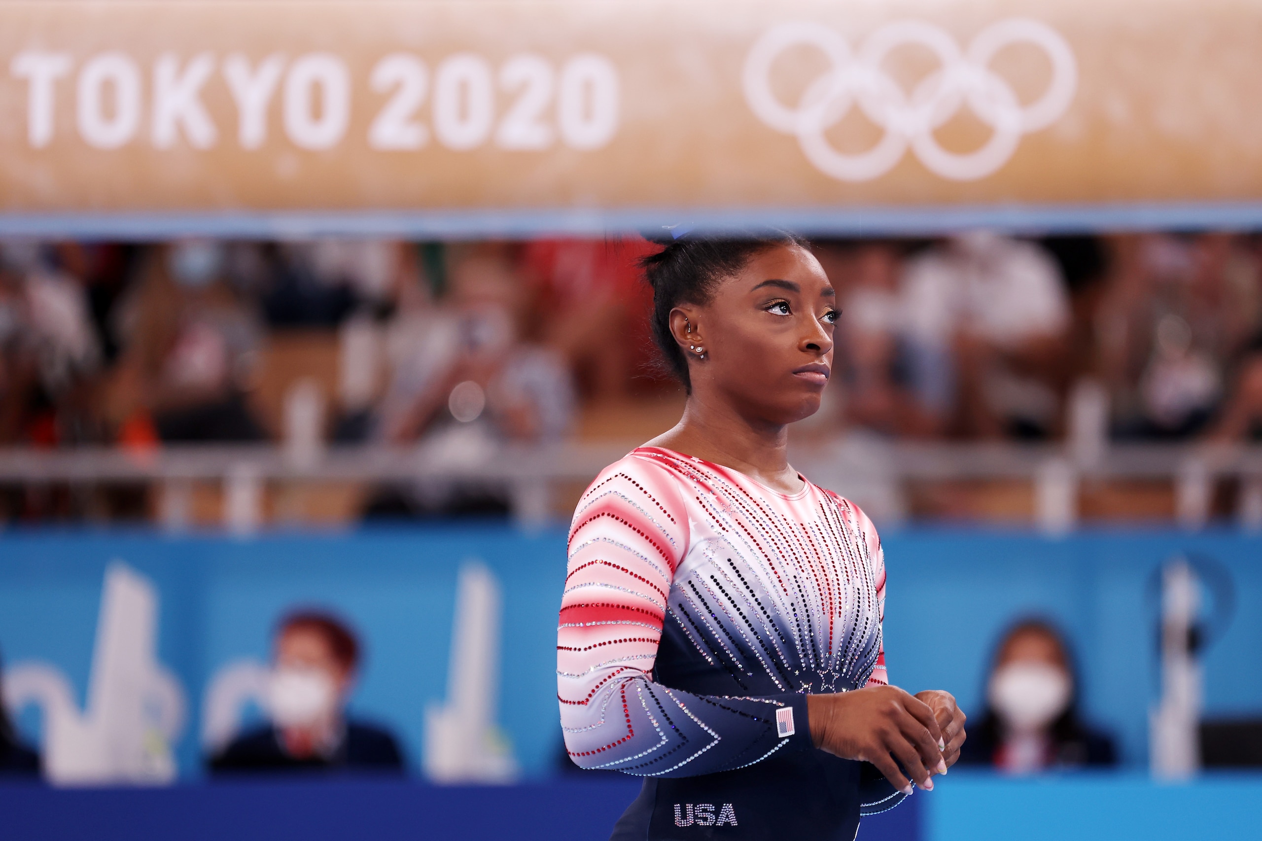 TOKYO, JAPAN - AUGUST 03: Simone Biles of Team United States looks on during the Women's Balance Beam Final on day eleven of the Tokyo 2020 Olympic Games at Ariake Gymnastics Centre on August 03, 2021 in Tokyo, Japan. (Photo by Jamie Squire/Getty Images)