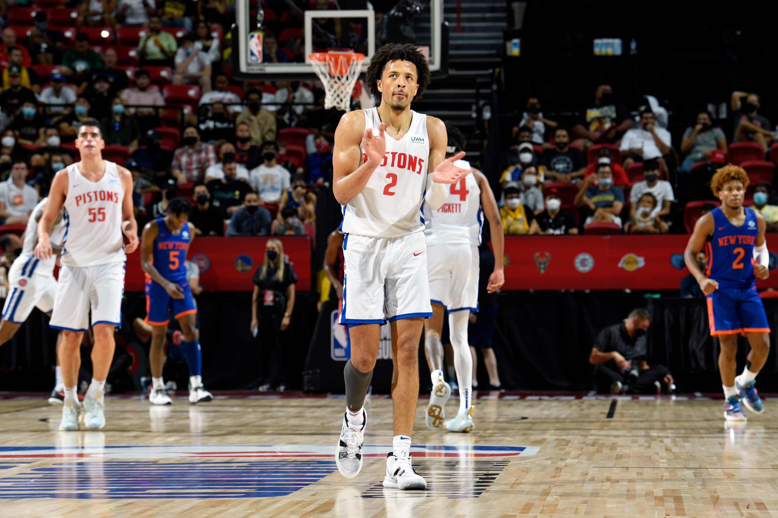 LAS VEGAS, NV - AUGUST 13: Cade Cunningham #2 of the Detroit Pistons celebrates during the game against the New York Knicks during the 2021 Las Vegas Summer League on August 13, 2021 at the Thomas & Mack Center in Las Vegas, Nevada. NOTE TO USER: User expressly acknowledges and agrees that, by downloading and/or using this Photograph, user is consenting to the terms and conditions of the Getty Images License Agreement. Mandatory Copyright Notice: Copyright 2021 NBAE (Photo by Jeff Bottari/NBAE via Getty Images)