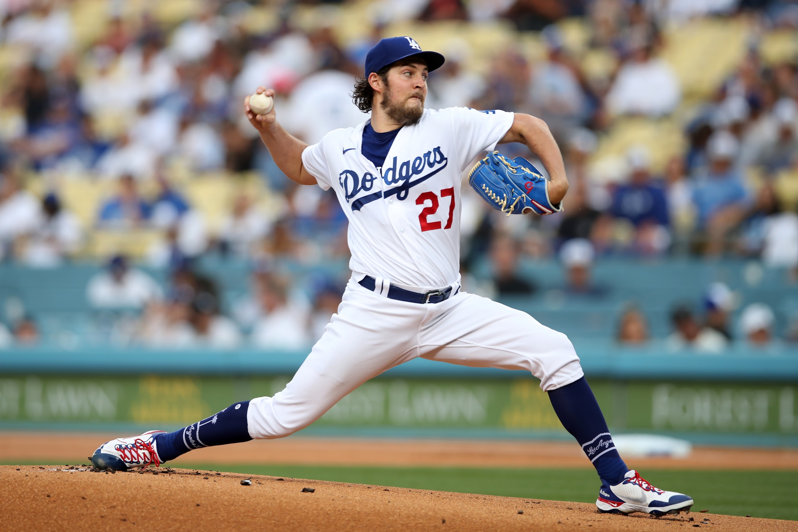 LOS ANGELES, CA - JUNE 28:  Trevor Bauer #27 of the Los Angeles Dodgers pitches during the game against the San Francisco Giants at Dodger Stadium on June 28, 2021 in Los Angeles, California. The Dodgers defeated the Giants 3-2. (Photo by Rob Leiter/MLB Photos via Getty Images)