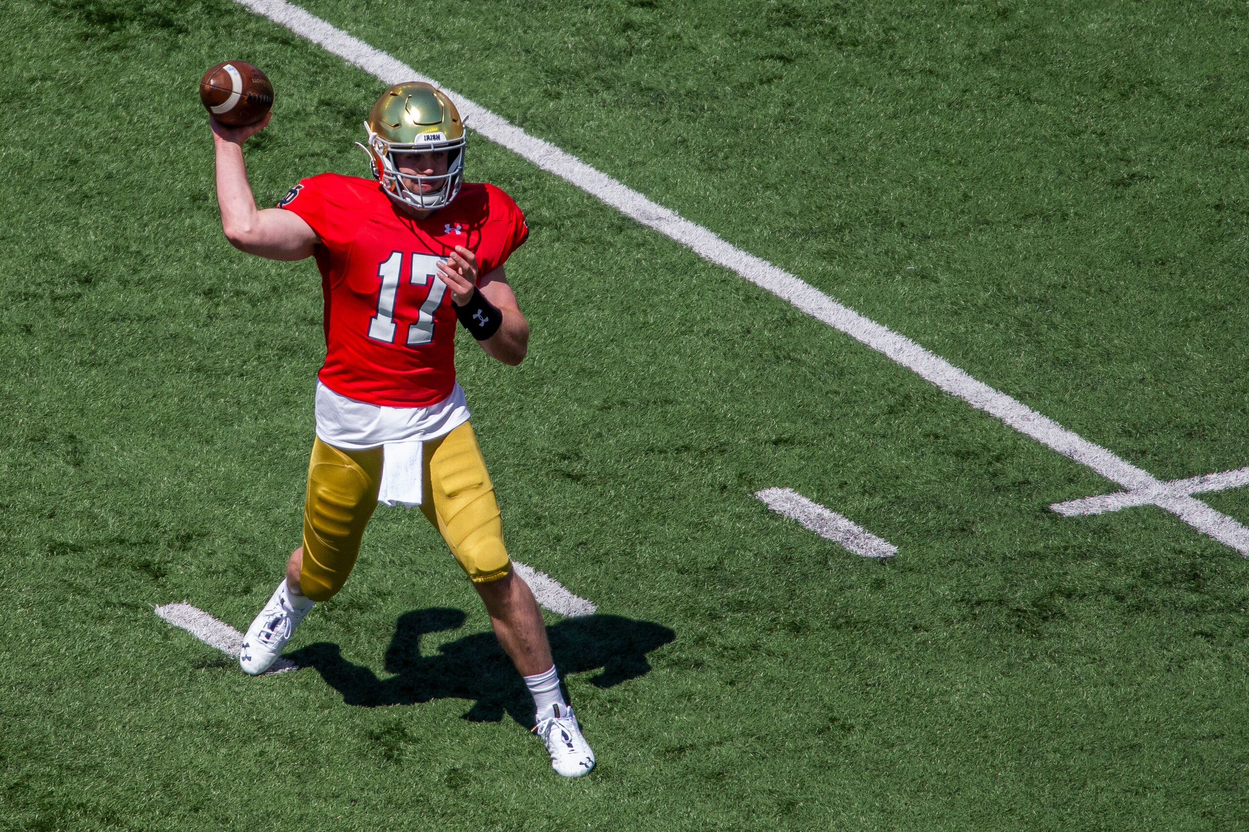 Notre Dame quarterback Jack Coan (17) throws during the Blue-Gold NCAA spring football game on Saturday, May 1, 2021, in South Bend, Ind. (AP Photo/Robert Franklin)