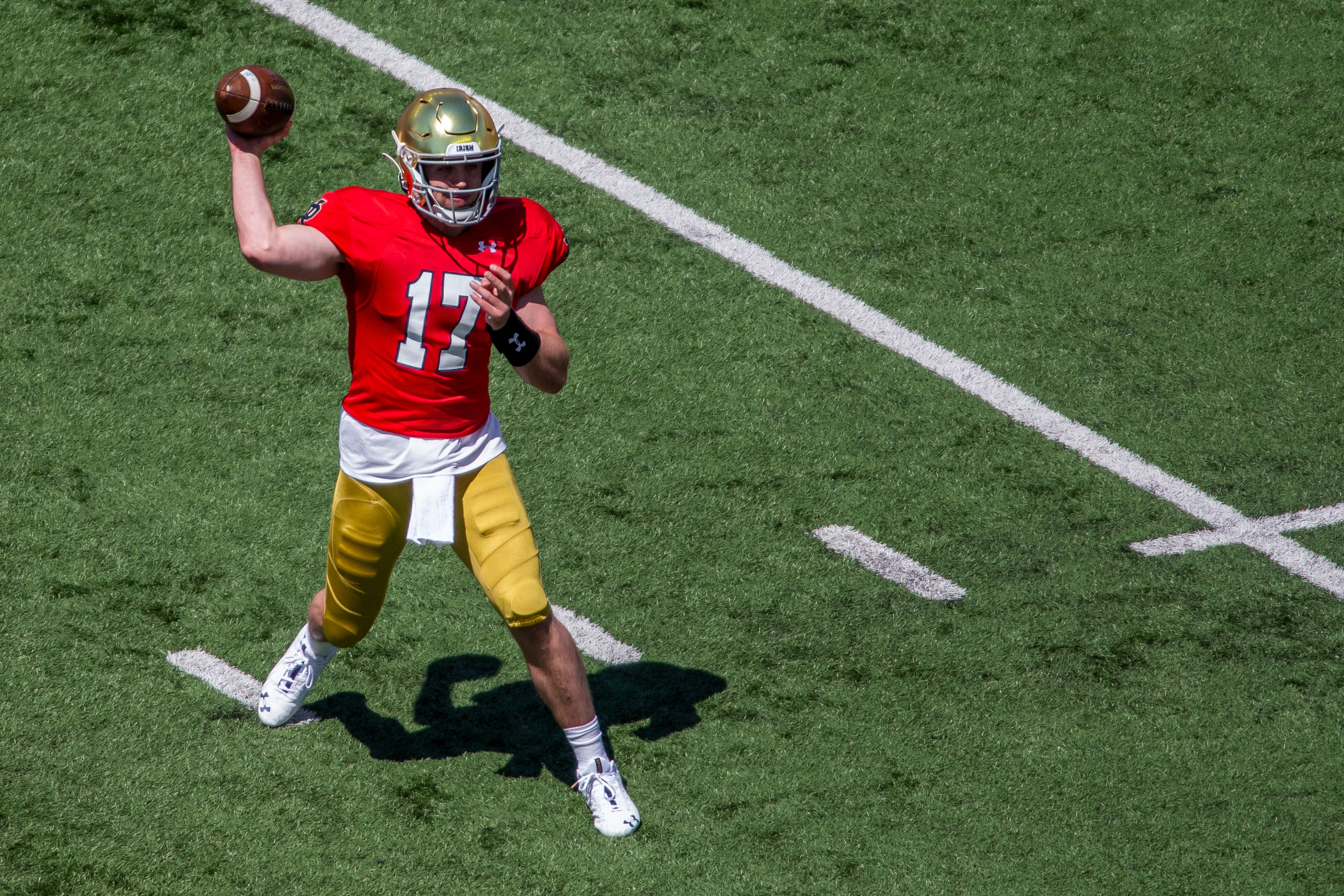 Notre Dame quarterback Jack Coan (17) throws during the Blue-Gold NCAA spring football game on Saturday, May 1, 2021, in South Bend, Ind. (AP Photo/Robert Franklin)