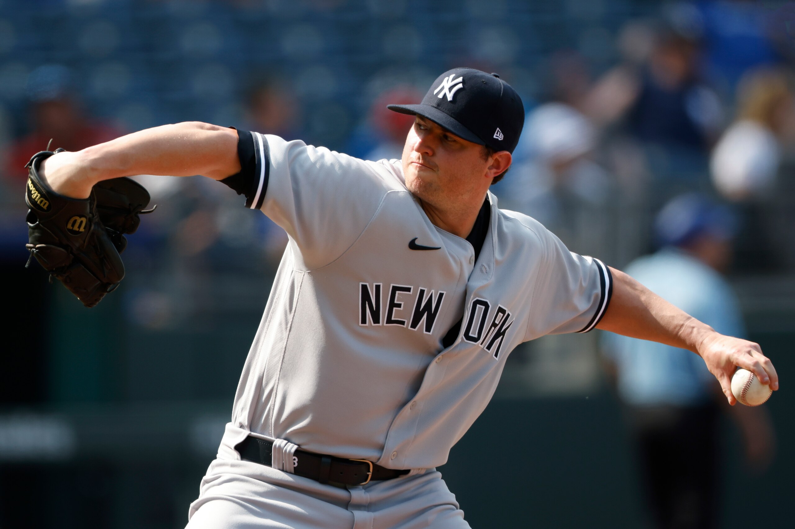 New York Yankees relief pitcher Zack Britton delivers to a Kansas City Royals batter during the ninth inning of a baseball game at Kauffman Stadium in Kansas City, Mo., Wednesday, Aug. 11, 2021. (AP Photo/Colin E. Braley)