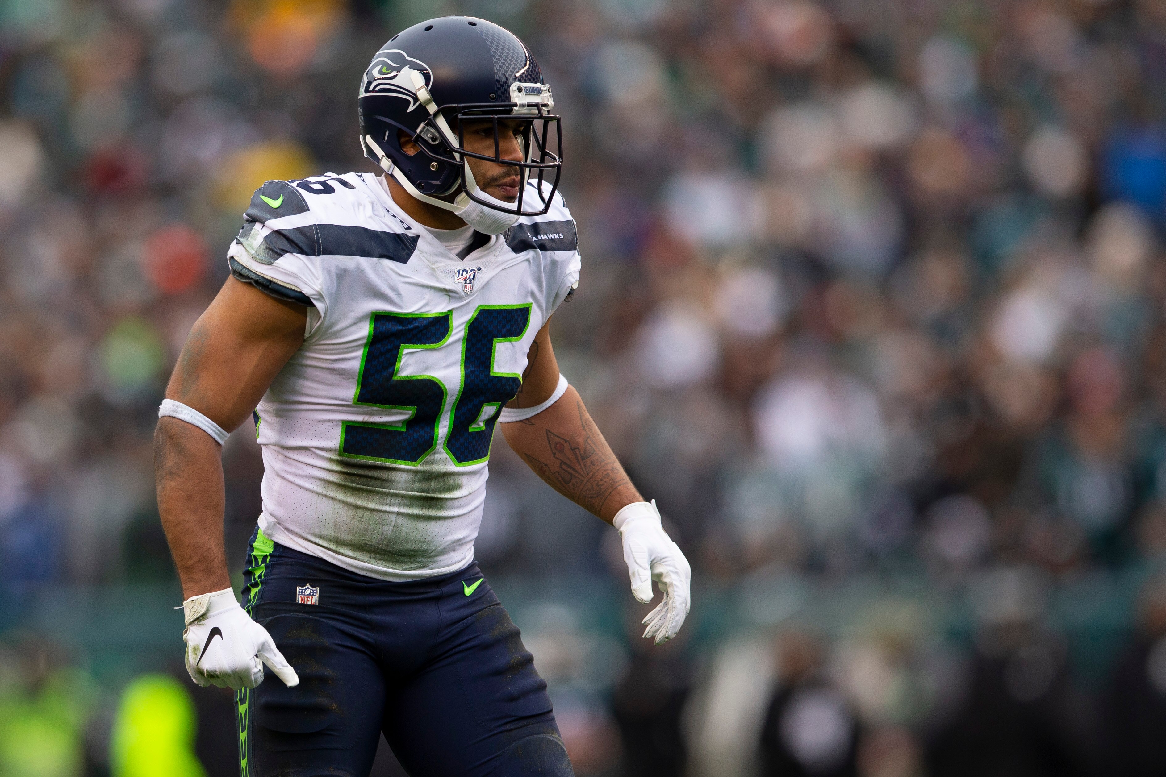 PHILADELPHIA, PA - NOVEMBER 24: Mychal Kendricks #56 of the Seattle Seahawks looks on against the Philadelphia Eagles at Lincoln Financial Field on November 24, 2019 in Philadelphia, Pennsylvania. (Photo by Mitchell Leff/Getty Images)