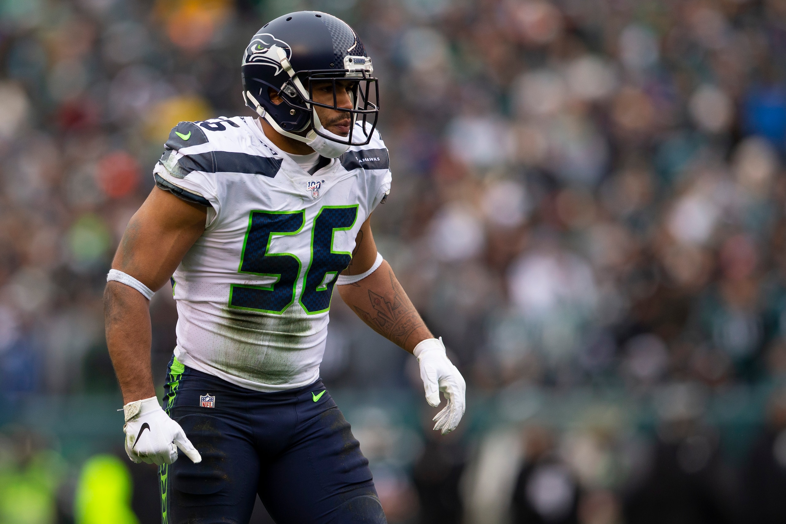PHILADELPHIA, PA - NOVEMBER 24: Mychal Kendricks #56 of the Seattle Seahawks looks on against the Philadelphia Eagles at Lincoln Financial Field on November 24, 2019 in Philadelphia, Pennsylvania. (Photo by Mitchell Leff/Getty Images)