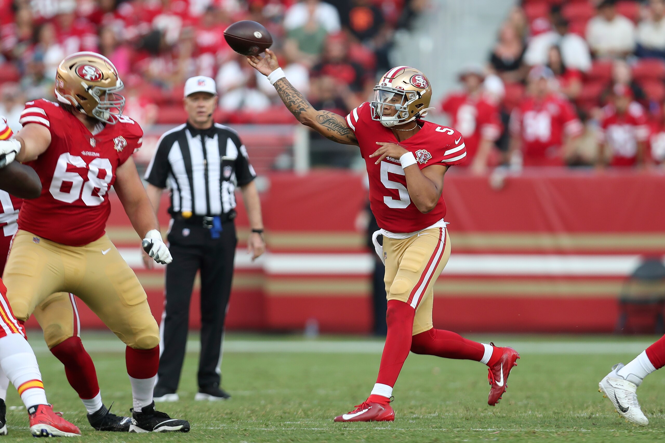 San Francisco 49ers quarterback Trey Lance (5) passes against the Kansas City Chiefs during the first half of an NFL preseason football game in Santa Clara, Calif., Saturday, Aug. 14, 2021. (AP Photo/Jed Jacobsohn) San Francisco 49ers quarterback Trey Lance (5) passes against the Kansas City Chiefs during the first half of an NFL preseason football game in Santa Clara, Calif., Saturday, Aug. 14, 2021. (AP Photo/Jed Jacobsohn)