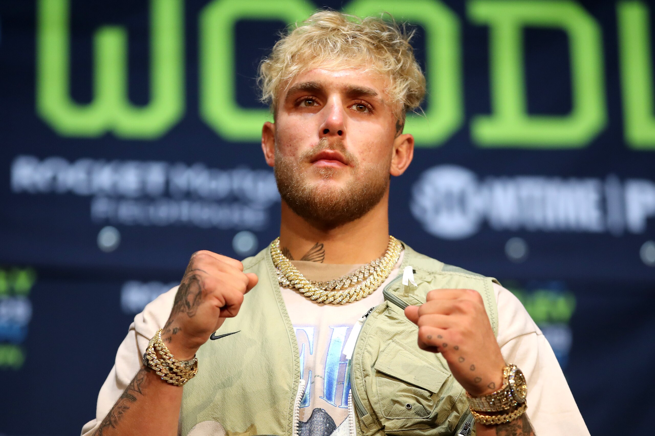 LOS ANGELES, CALIFORNIA - JULY 13: Jake Paul poses for media during a press conference before his cruiserweight fight against Tyron Woodley at The Novo by Microsoft at L.A. Live on July 13, 2021 in Los Angeles, California. (Photo by Katelyn Mulcahy/Getty Images)