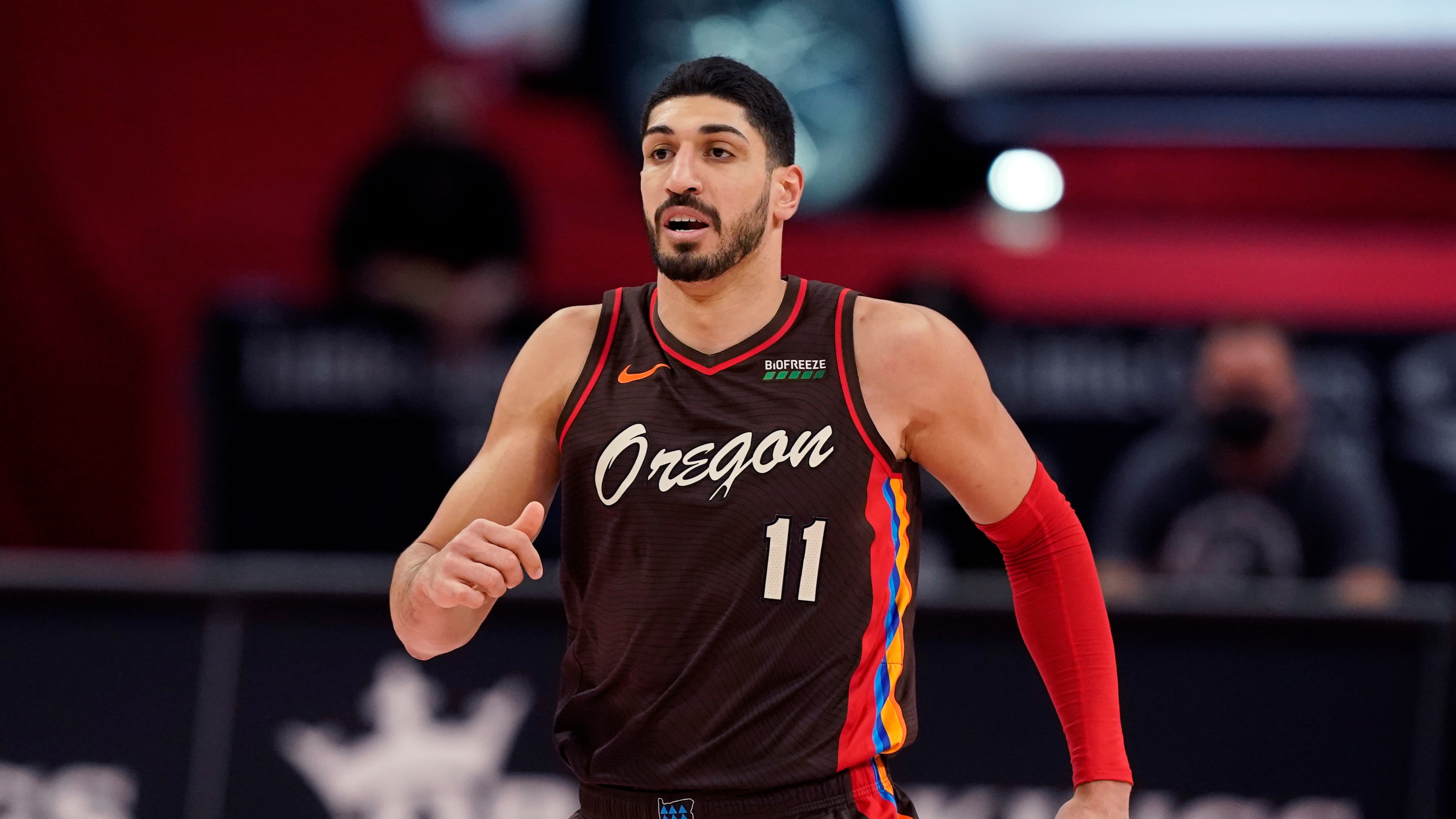 Portland Trail Blazers center Enes Kanter plays during the second half of an NBA basketball game, Wednesday, March 31, 2021, in Detroit. (AP Photo/Carlos Osorio)