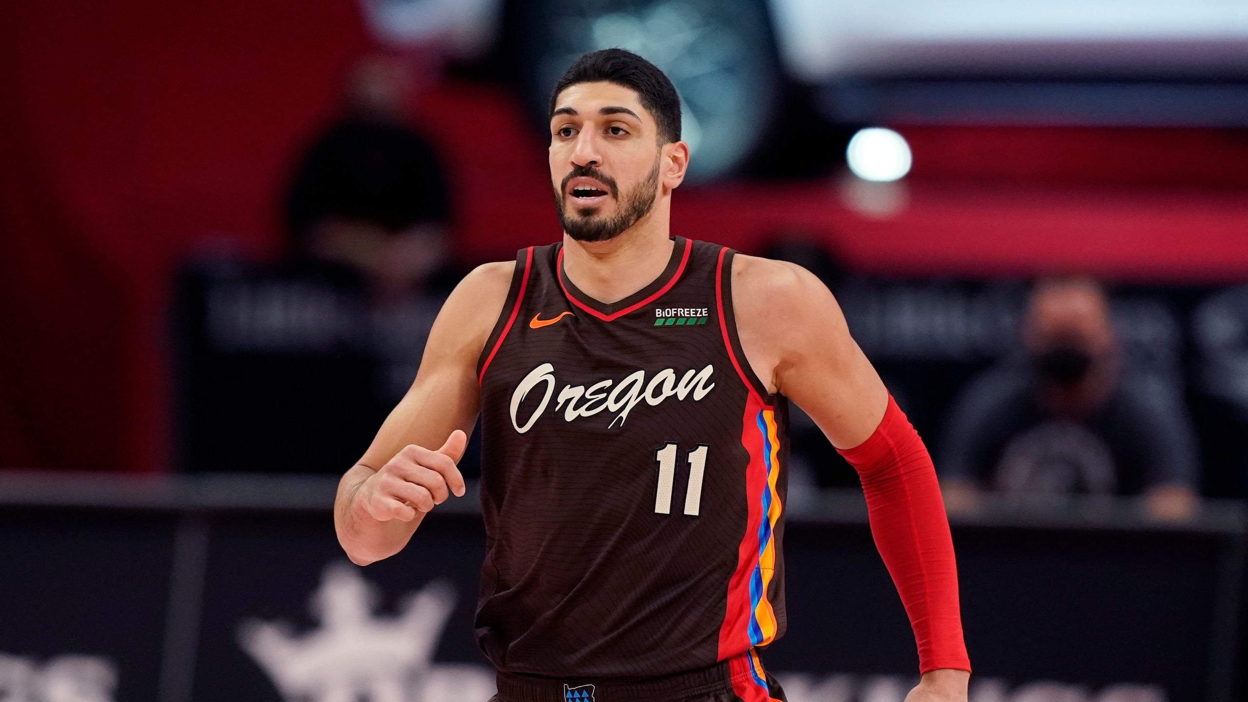 Portland Trail Blazers center Enes Kanter plays during the second half of an NBA basketball game, Wednesday, March 31, 2021, in Detroit. (AP Photo/Carlos Osorio) Portland Trail Blazers center Enes Kanter plays during the second half of an NBA basketball game, Wednesday, March 31, 2021, in Detroit. (AP Photo/Carlos Osorio)