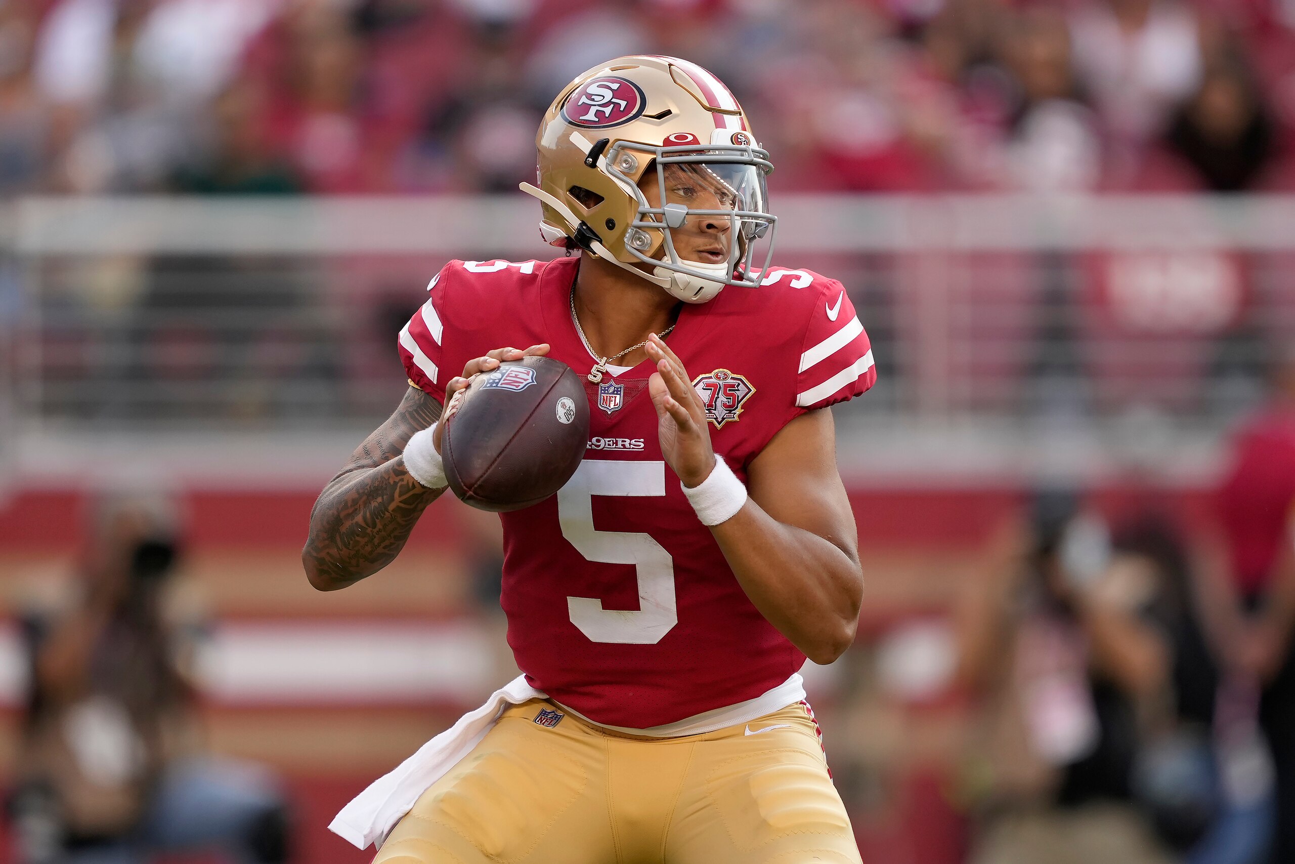 San Francisco 49ers quarterback Trey Lance (5) against the Kansas City Chiefs during an NFL preseason football game in Santa Clara, Calif., Saturday, Aug. 14, 2021. (AP Photo/Tony Avelar)