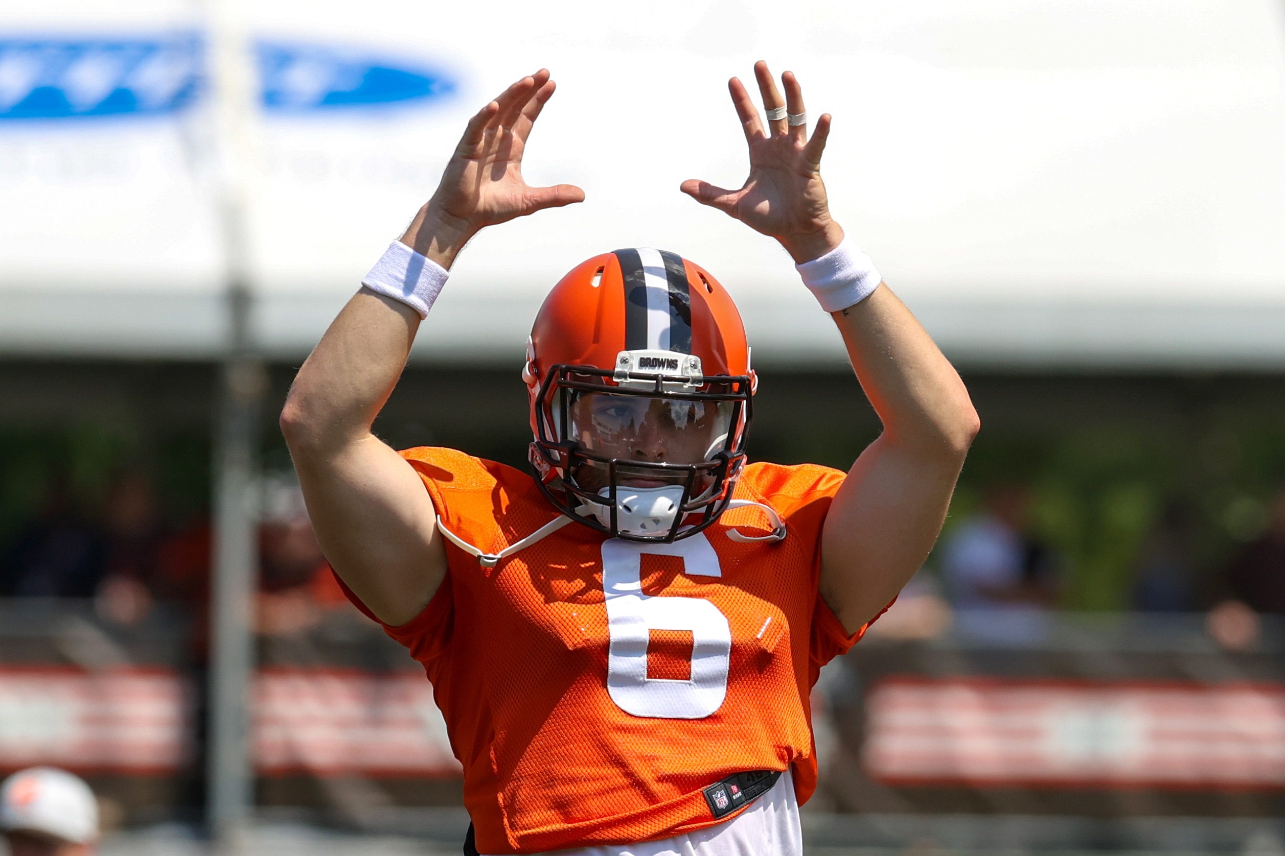 BEREA, OH - AUGUST 03: Cleveland Browns quarterback Baker Mayfield (6) participates in drills during the Cleveland Browns Training Camp on August 3, 2021, at the at the Cleveland Browns Training Facility in Berea, Ohio. (Photo by Frank Jansky/Icon Sportswire via Getty Images)