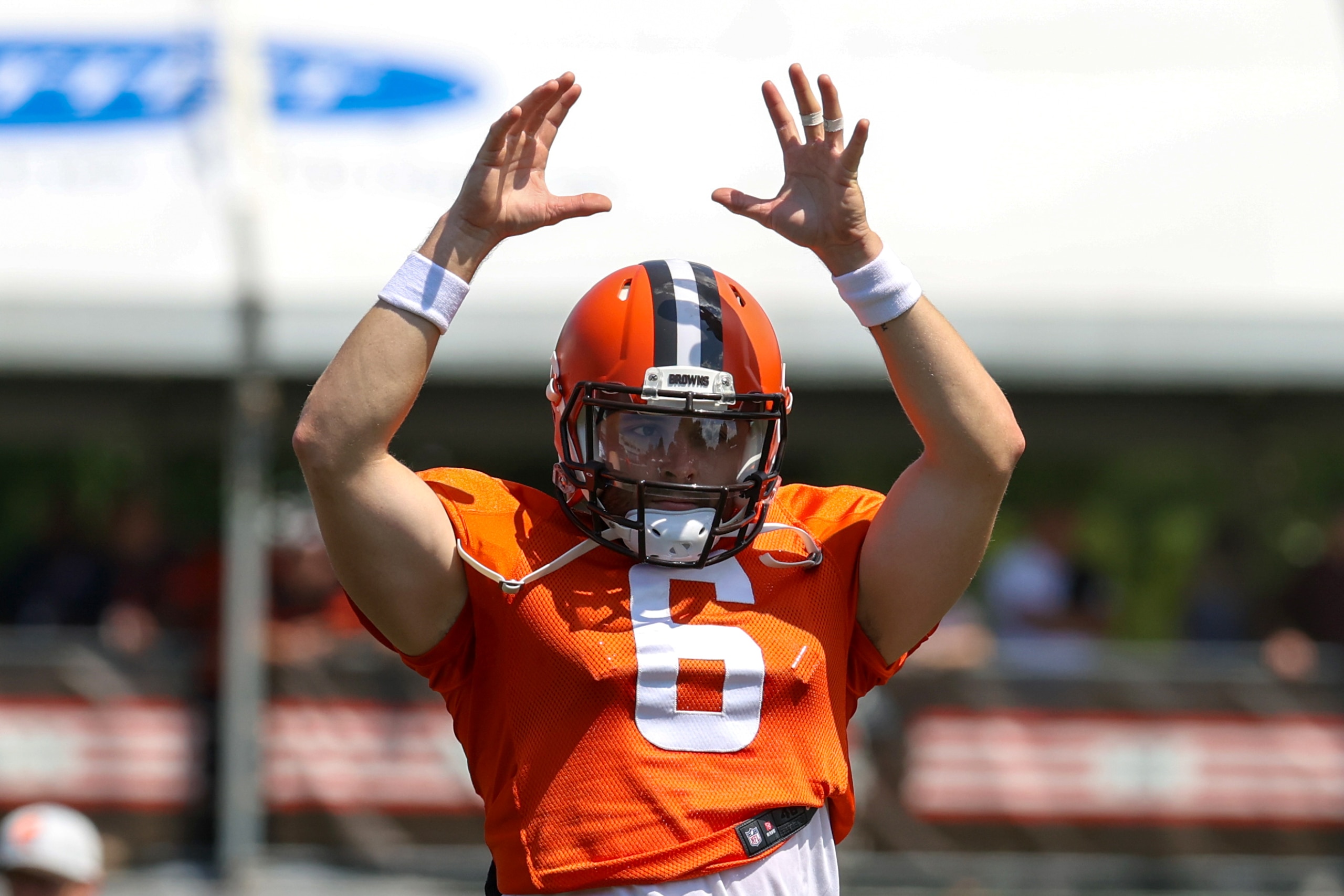 BEREA, OH - AUGUST 03: Cleveland Browns quarterback Baker Mayfield (6) participates in drills during the Cleveland Browns Training Camp on August 3, 2021, at the at the Cleveland Browns Training Facility in Berea, Ohio. (Photo by Frank Jansky/Icon Sportswire via Getty Images)