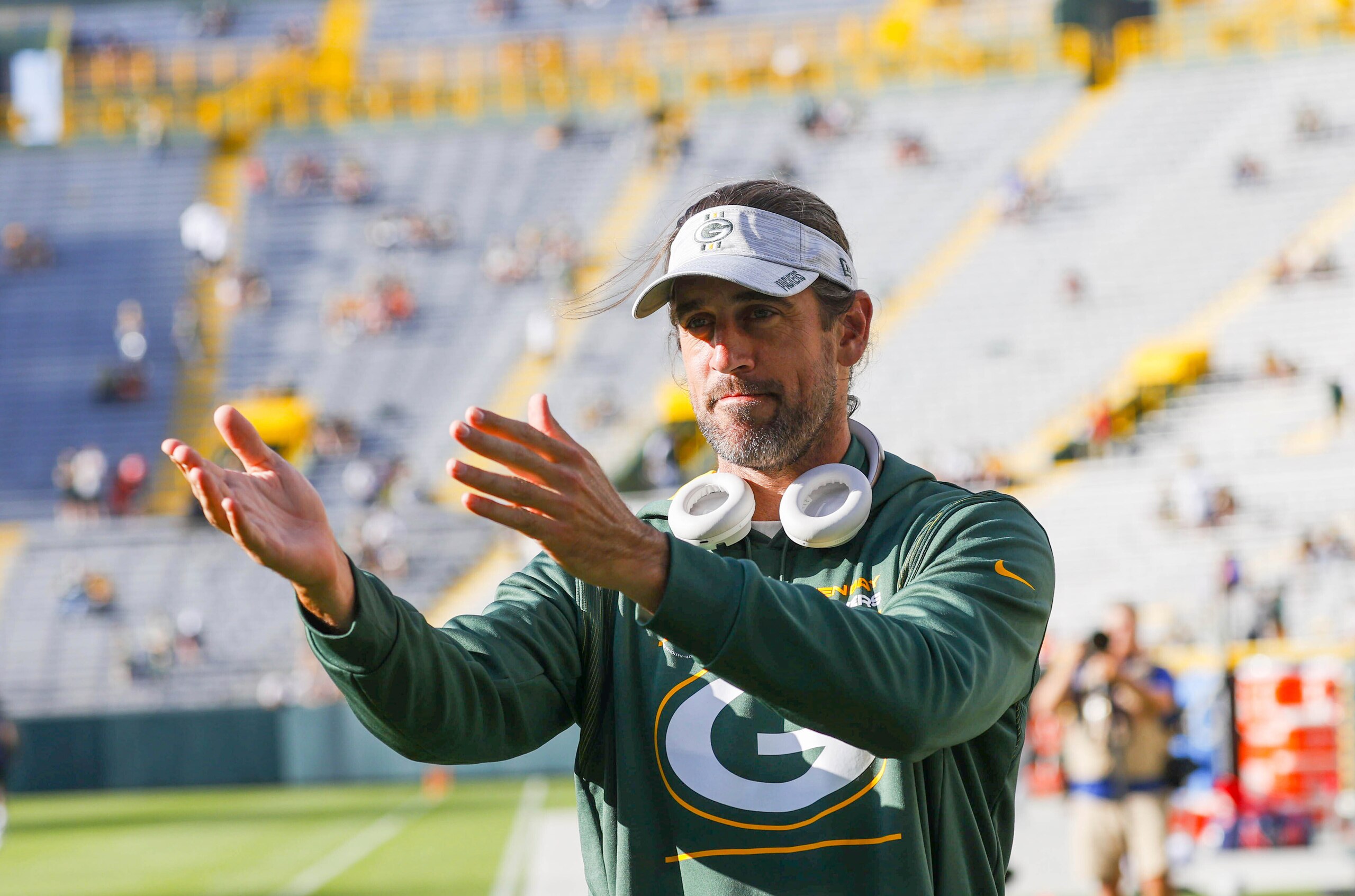 Green Bay Packers' Aaron Rodgers before the Green Bay Packers' preseason NFL football game against the Houston Texans Saturday, Aug.14,2021 in Green Bay, Wis. (AP Photo/Jeffrey Phelps) Green Bay Packers' Aaron Rodgers before the Green Bay Packers' preseason NFL football game against the Houston Texans Saturday, Aug.14,2021 in Green Bay, Wis. (AP Photo/Jeffrey Phelps)