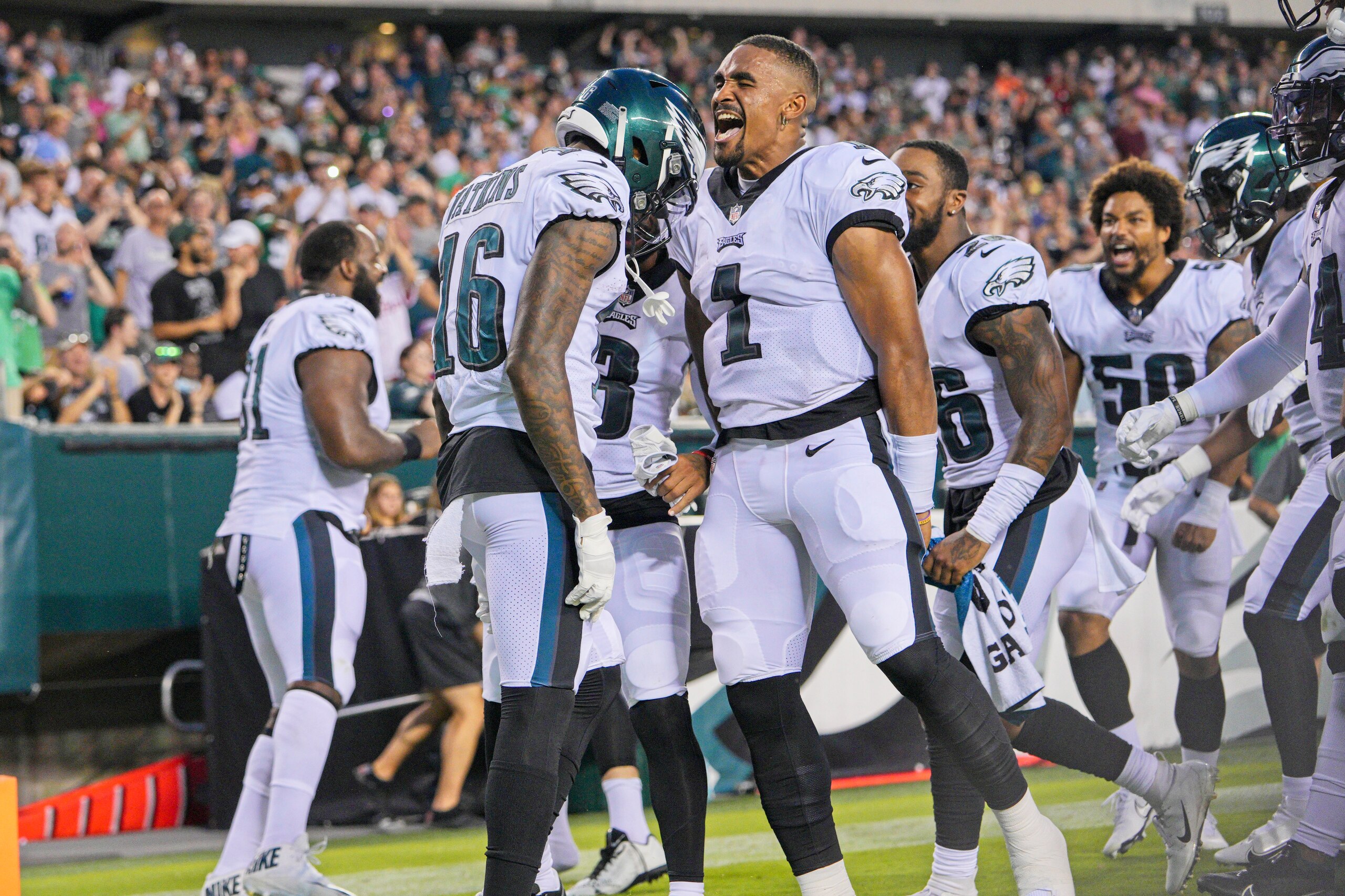 PHILADELPHIA, PA - AUGUST 12: Philadelphia Eagles wide receiver Quez Watkins (16) celebrates his touchdown with Philadelphia Eagles quarterback Jalen Hurts (1) during the preseason game between the Philadelphia Eagles and the Pittsburgh Steelers on August 12, 2021 at Lincoln Financial Field in Philadelphia, PA. (Photo by Andy Lewis/Icon Sportswire via Getty Images)