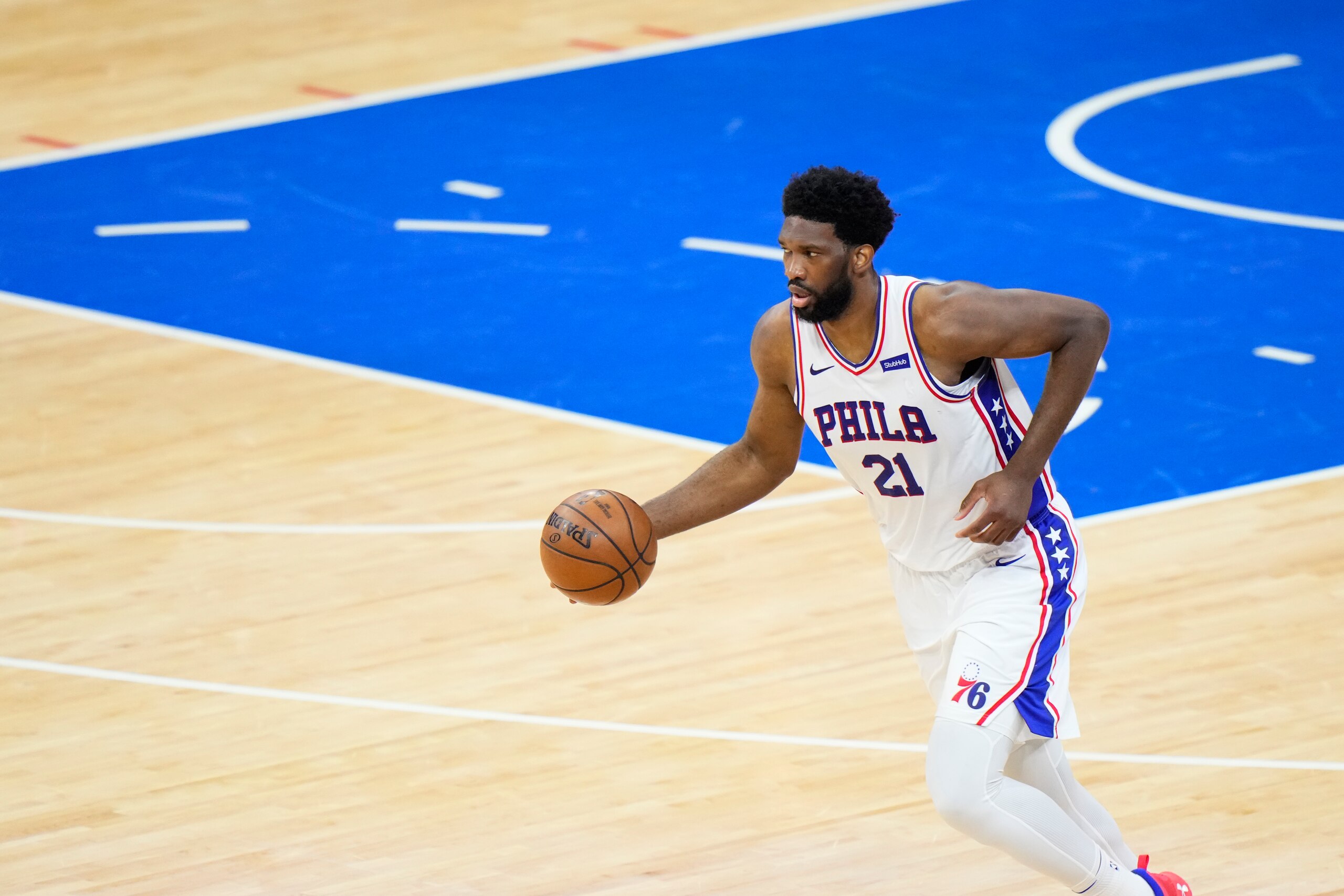 Philadelphia 76ers' Joel Embiid plays during Game 7 in a second-round NBA basketball playoff series against the Atlanta Hawks, Sunday, June 20, 2021, in Philadelphia. (AP Photo/Matt Slocum) Philadelphia 76ers' Joel Embiid plays during Game 7 in a second-round NBA basketball playoff series against the Atlanta Hawks, Sunday, June 20, 2021, in Philadelphia. (AP Photo/Matt Slocum)