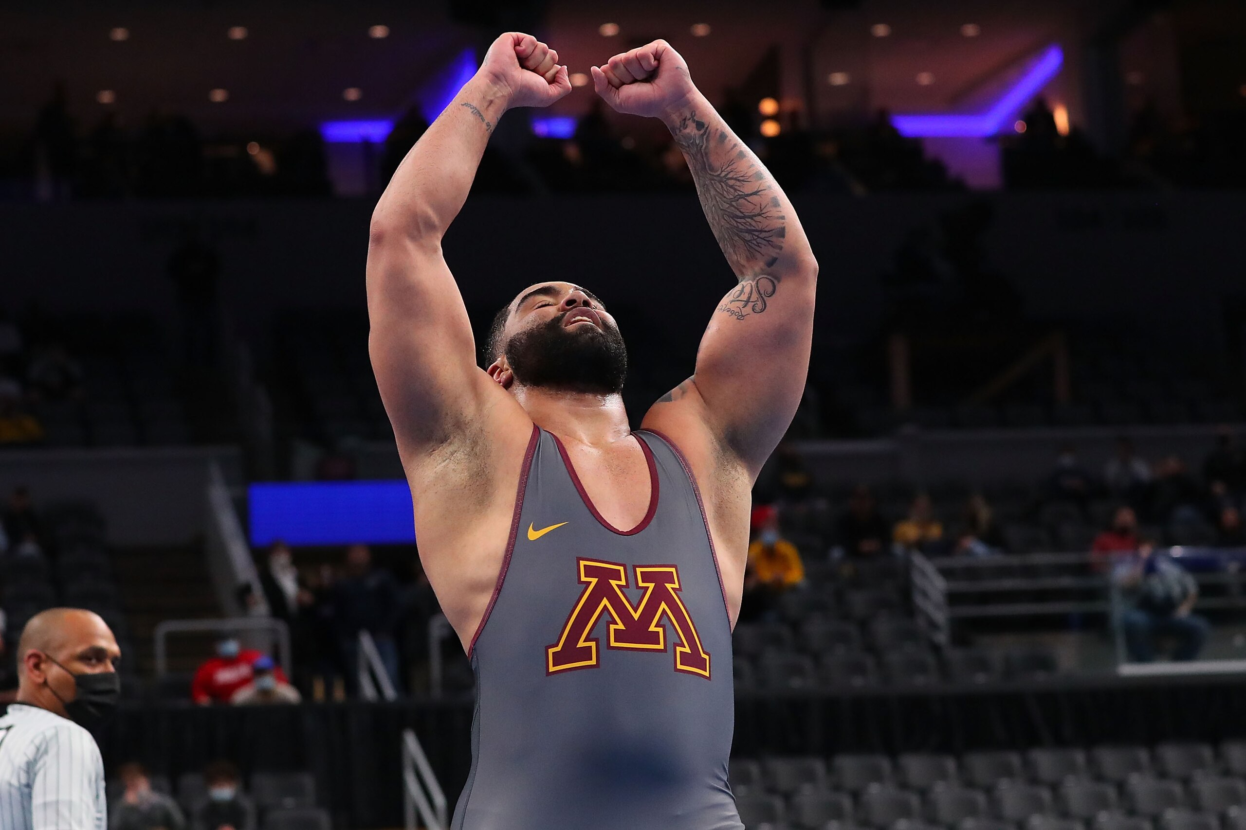 ST LOUIS, MO -  MARCH 20: Gable Stevenson of Minnesota celebrates after beating Mason Parris of Michigan in the 285lb weight class in the first-place match during the NCAA Division I Men's Wrestling Championship at the Enterprise Center on March 20, 2021 in St Louis, Missouri. (Photo by Dilip Vishwanat/Getty Images)