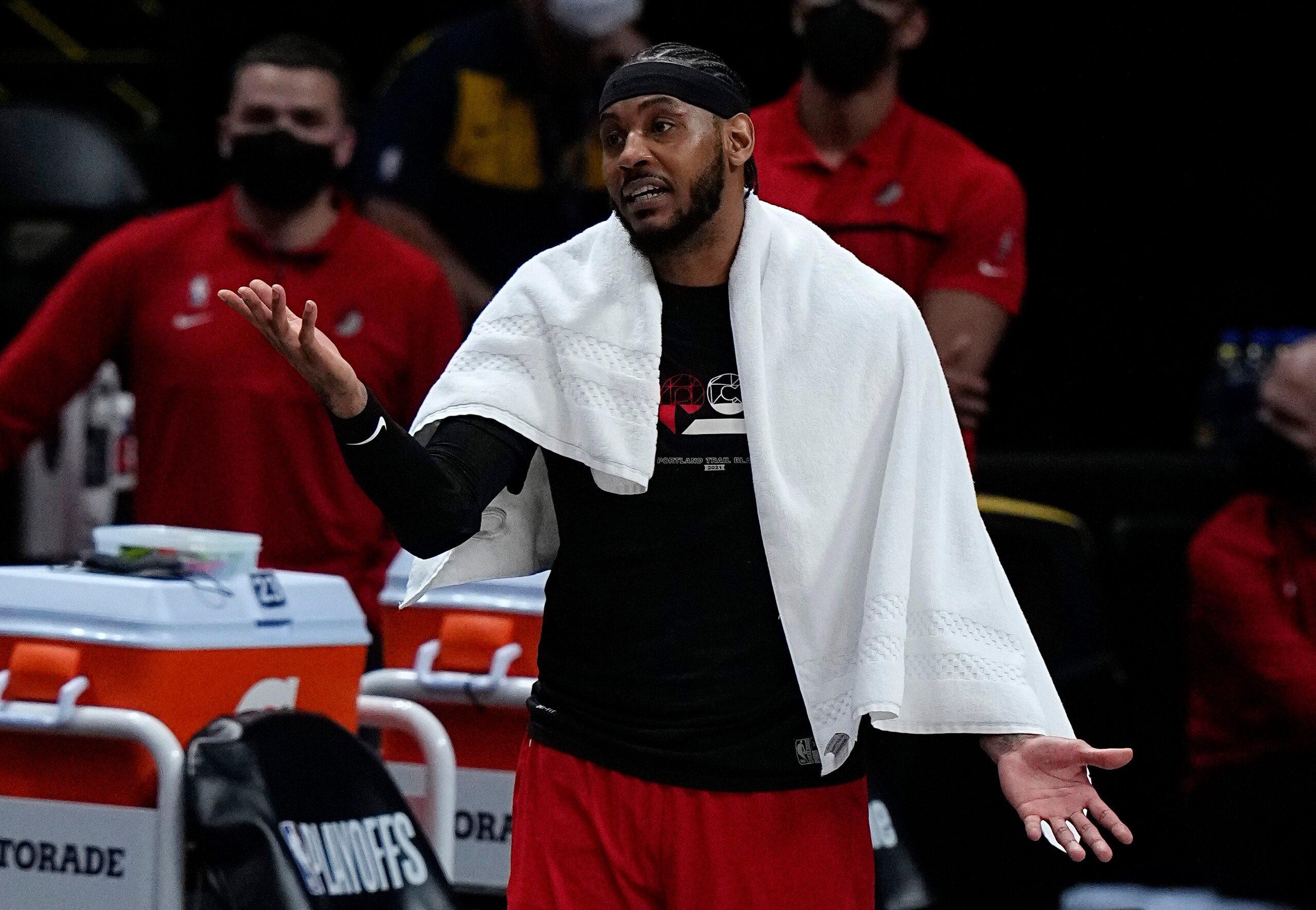 Portland Trail Blazers forward Carmelo Anthony (00) reacts to a missed call against the Denver Nuggets in the first half of Game 5 of a first-round NBA basketball playoff series Tuesday, June 1, 2021, in Denver. (AP Photo/Jack Dempsey)
