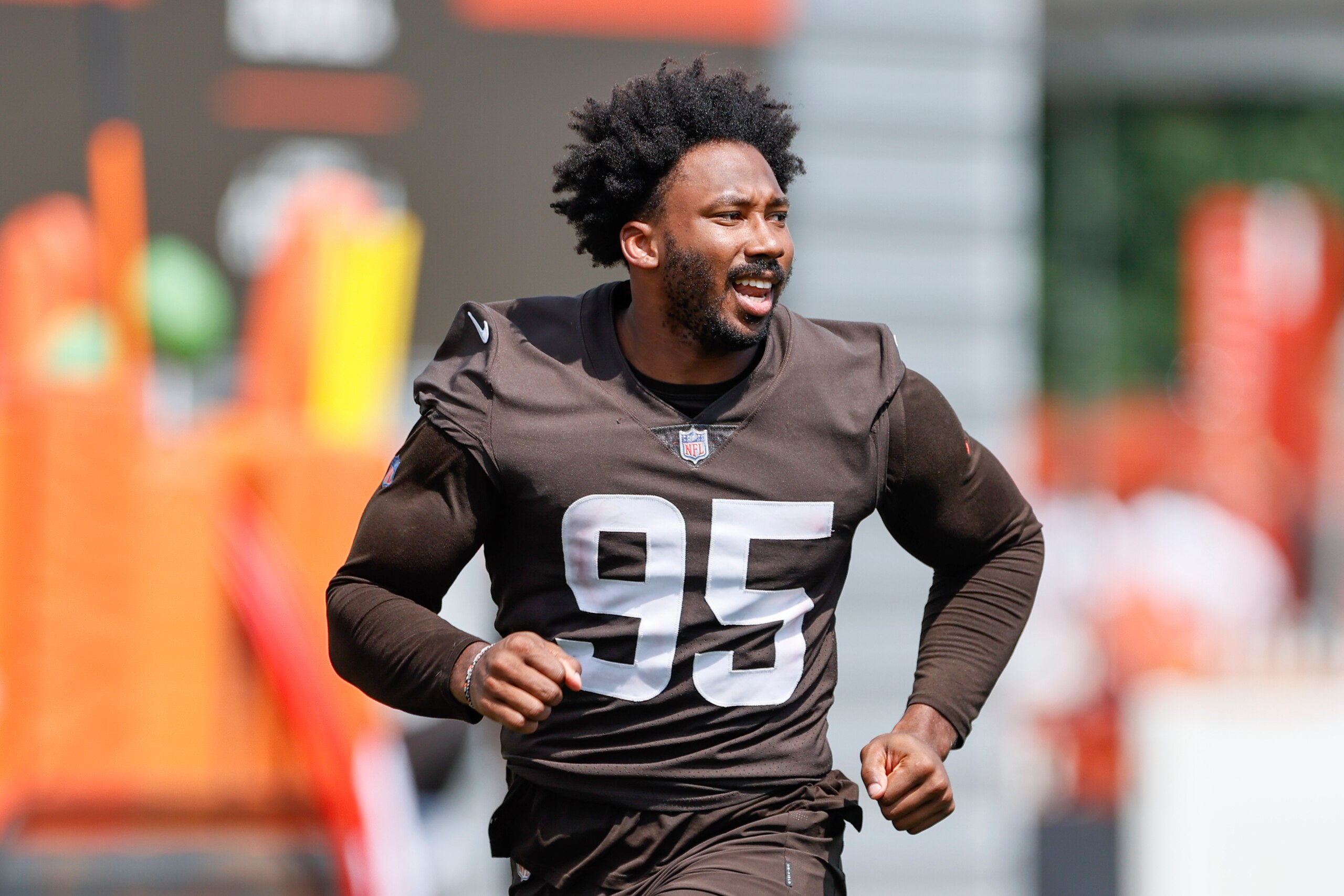 Cleveland Browns defensive end Myles Garrett runs during an NFL football practice Thursday, Aug. 12, 2021, in Berea, Ohio. (AP Photo/Ron Schwane)