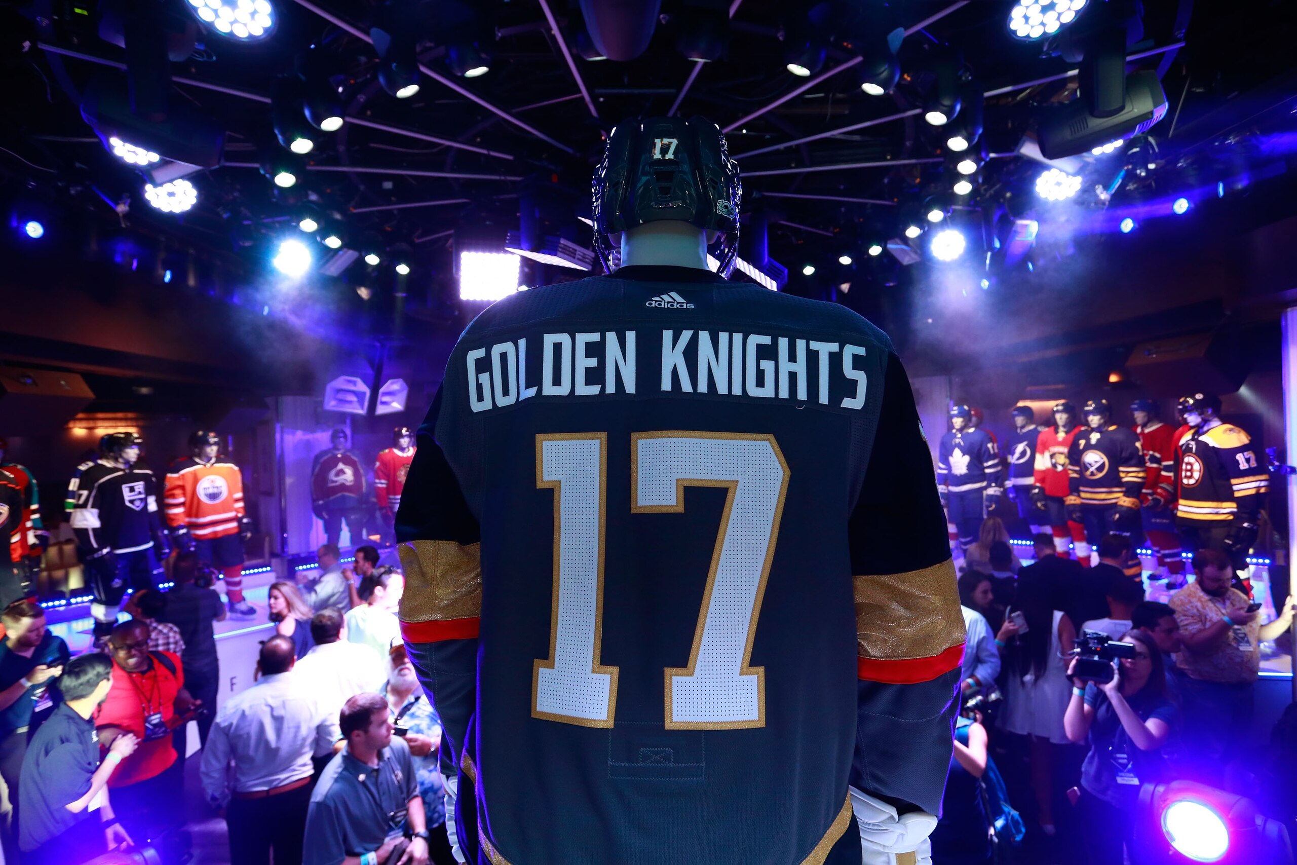 LAS VEGAS, NV - JUNE 20:  A detailed view of the back of the team jersey of the Vegas Golden Knights team during the Adidas X NHL Jersey Unveiling Party on June 20, 2017 in Las Vegas, Nevada.  (Photo by Jeff Vinnick/NHLI via Getty Images)