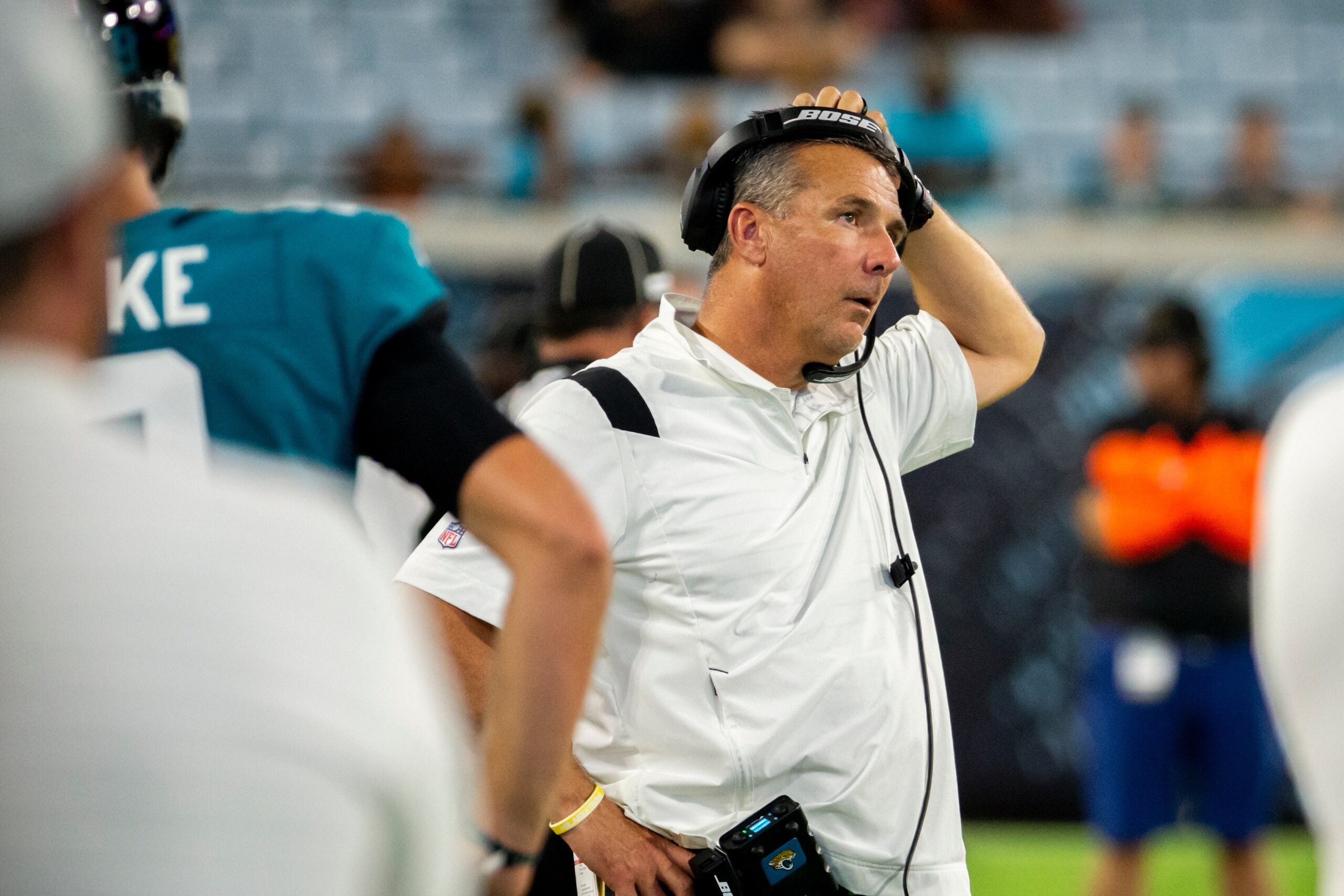 Jacksonville Jaguars head coach Urban Meyer reacts to a play on the sideline during the second half of an NFL preseason football game against the Cleveland Browns, Saturday, Aug. 14, 2021, in Jacksonville, Fla. (AP Photo/Stephen B. Morton)