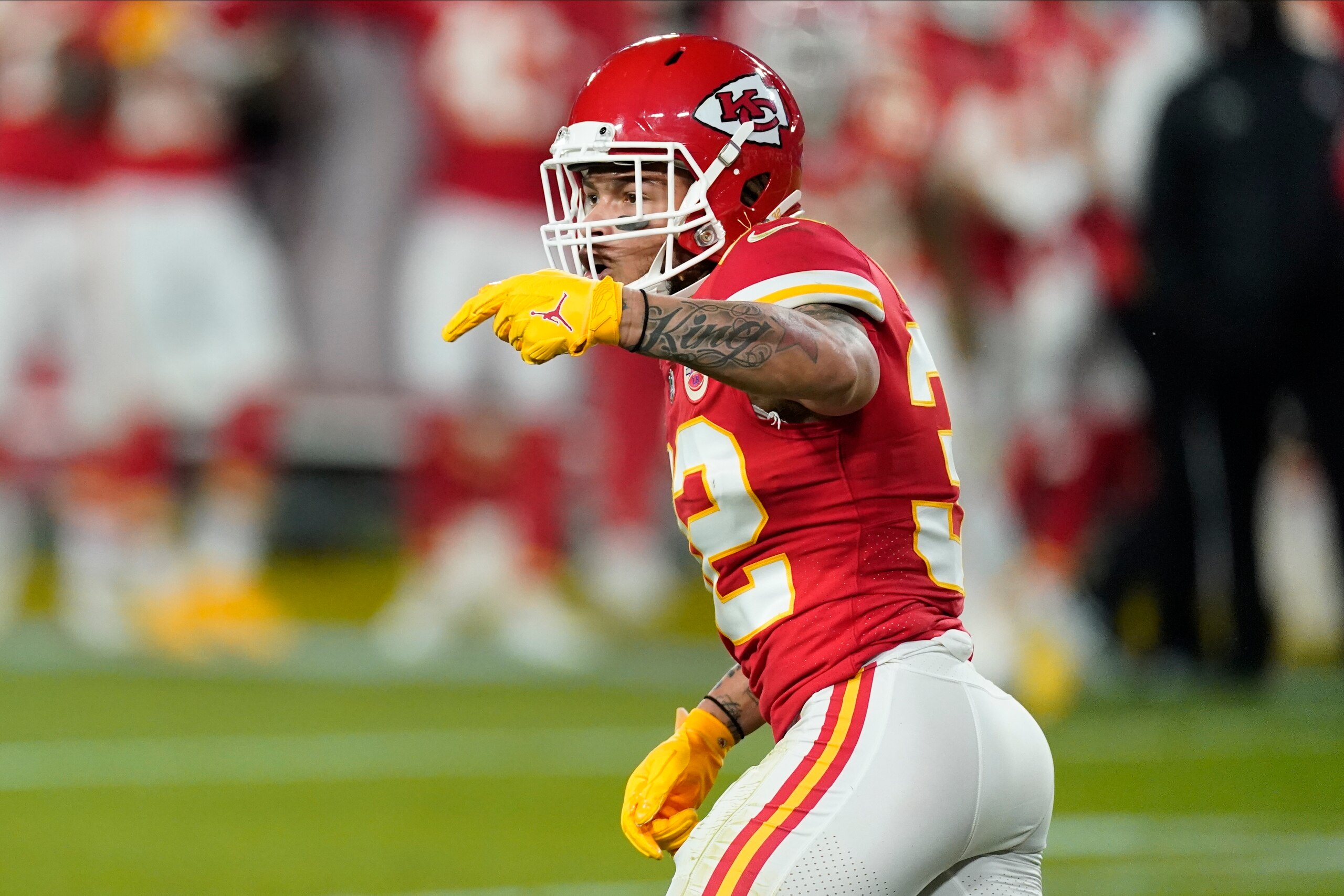 Kansas City Chiefs strong safety Tyrann Mathieu (32) celebrates a goal-line stand against the Tampa Bay Buccaneers during the first half of the NFL Super Bowl 55 football game Sunday, Feb. 7, 2021, in Tampa, Fla. (AP Photo/Ashley Landis)