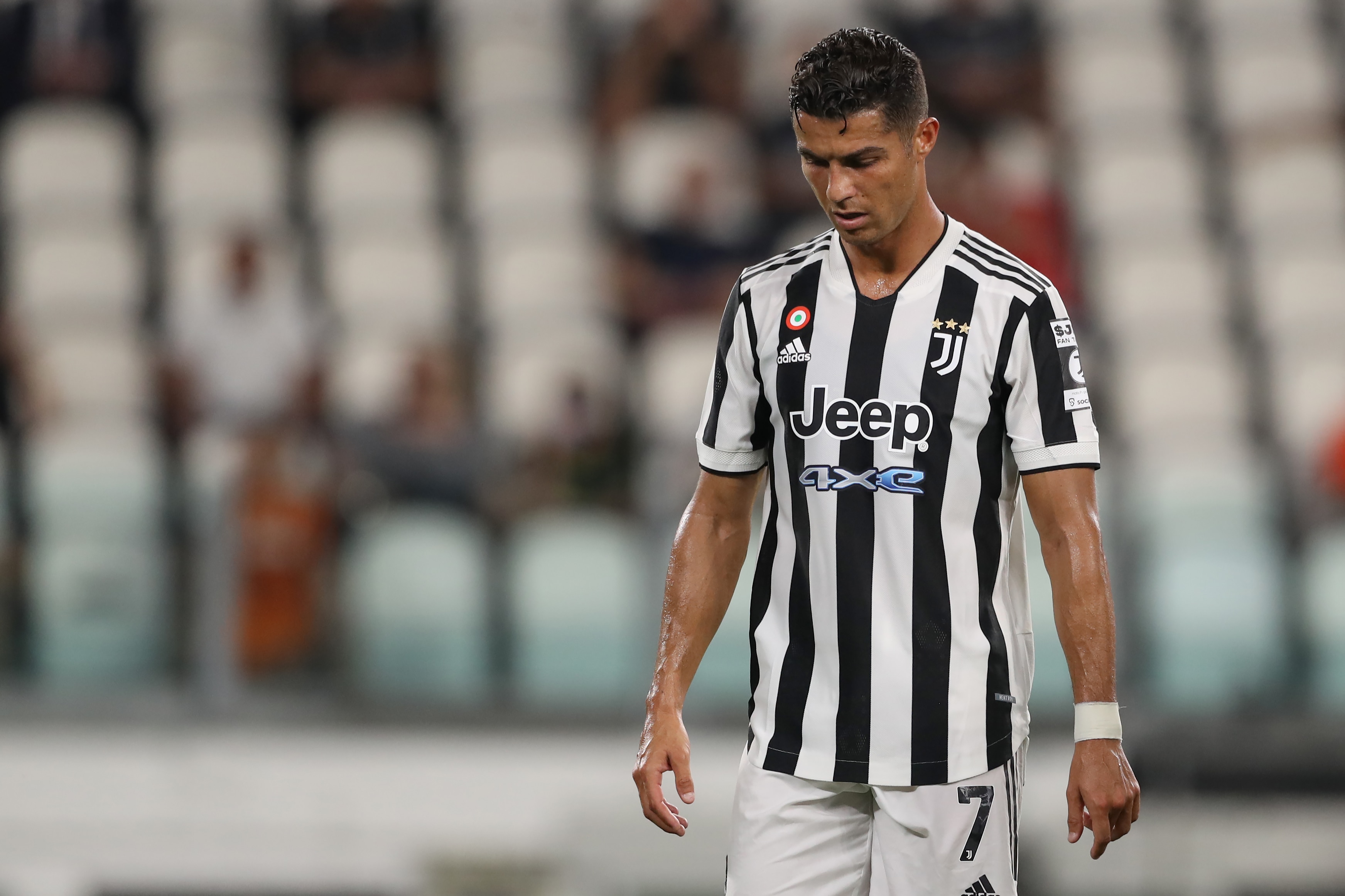 TURIN, ITALY - AUGUST 14: Cristiano Ronaldo of Juventus reacts during the Pre-Season Friendly between Juventus FC and Atalanta BC at Allianz Stadium on August 14, 2021 in Turin, Italy. (Photo by Jonathan Moscrop/Getty Images)