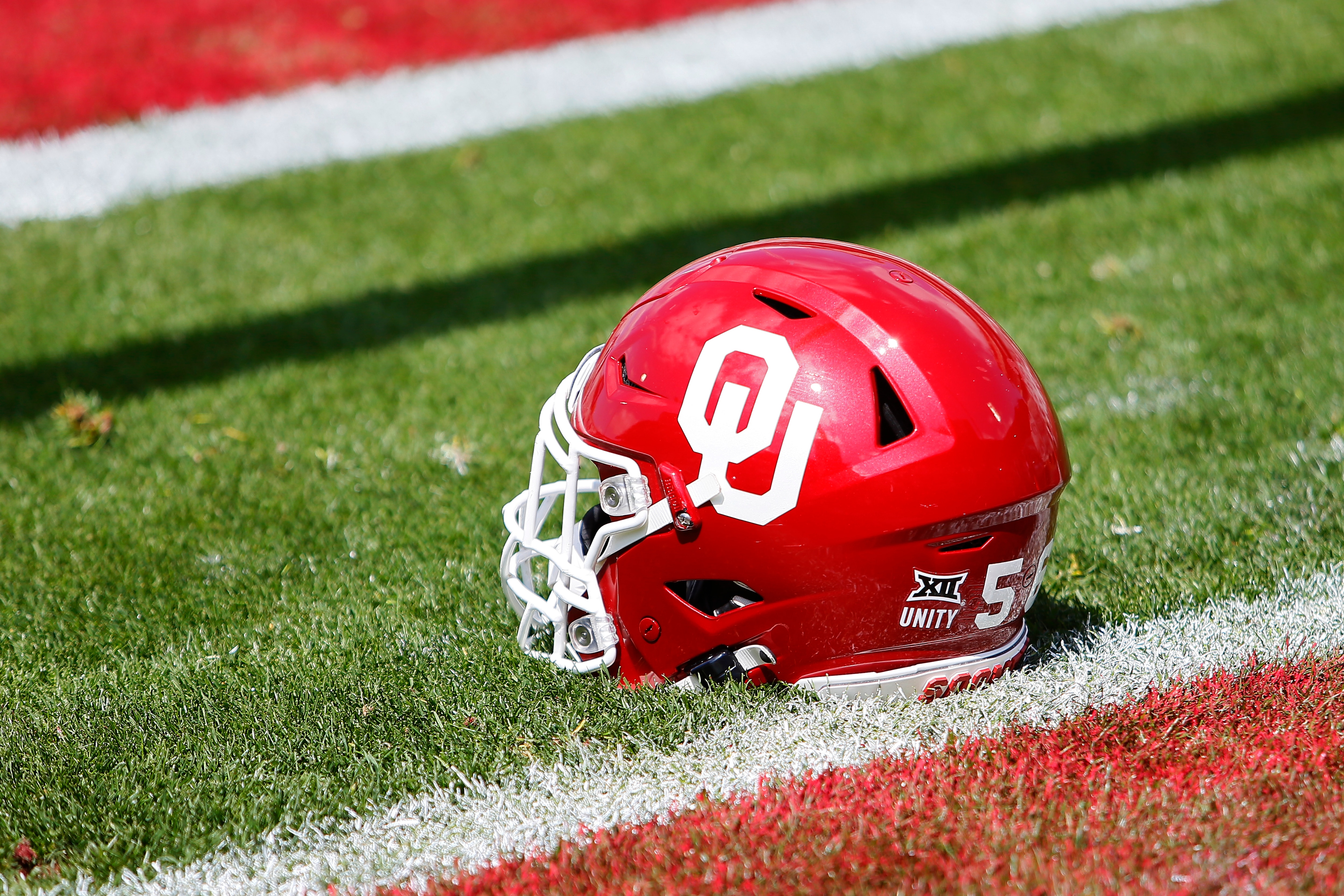 NORMAN, OK - APRIL 24:  An Oklahoma Sooners helmet sits in the end zone  before the team's spring game at Gaylord Family Oklahoma Memorial Stadium on April 24, 2021 in Norman, Oklahoma.   (Photo by Brian Bahr/Getty Images)