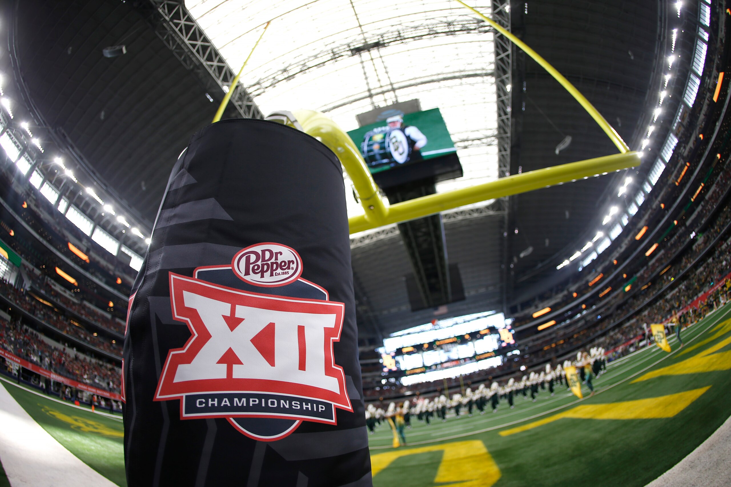 ARLINGTON, TX - DECEMBER 07, 2019 - Detail view of Big 12 logo as the Baylor Bears band plays on the field before Baylor plays the Oklahoma Sooners in the Big 12 Football Championship at AT&T Stadium on December 7, 2019 in Arlington, Texas. (Photo by Ron Jenkins/Getty Images)
