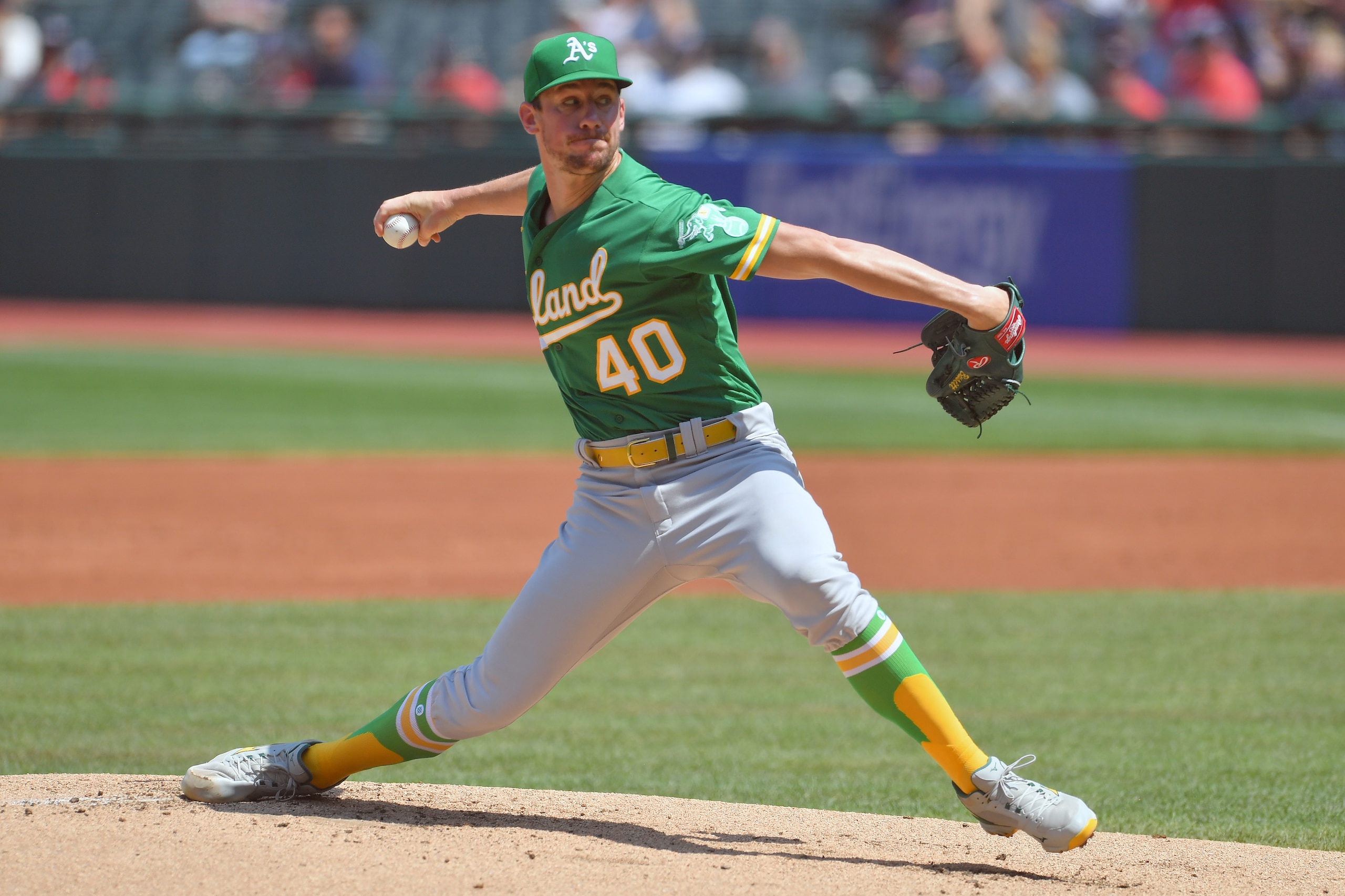 CLEVELAND, OHIO - AUGUST 12: Starting pitcher Chris Bassitt #40 of the Oakland Athletics pitches during the first inning against the Cleveland Indians at Progressive Field on August 12, 2021 in Cleveland, Ohio. (Photo by Jason Miller/Getty Images)