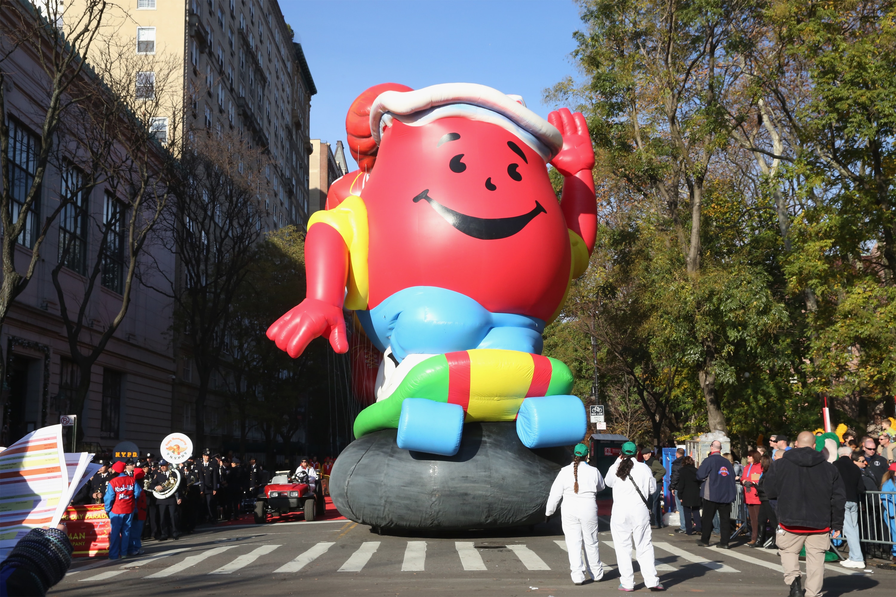 NEW YORK, NY - NOVEMBER 26:  The Kool-Aid Man balloon during the 89th Annual Macy's Thanksgiving Day Parade on November 26, 2015 in New York City.  (Photo by Mireya Acierto/FilmMagic)