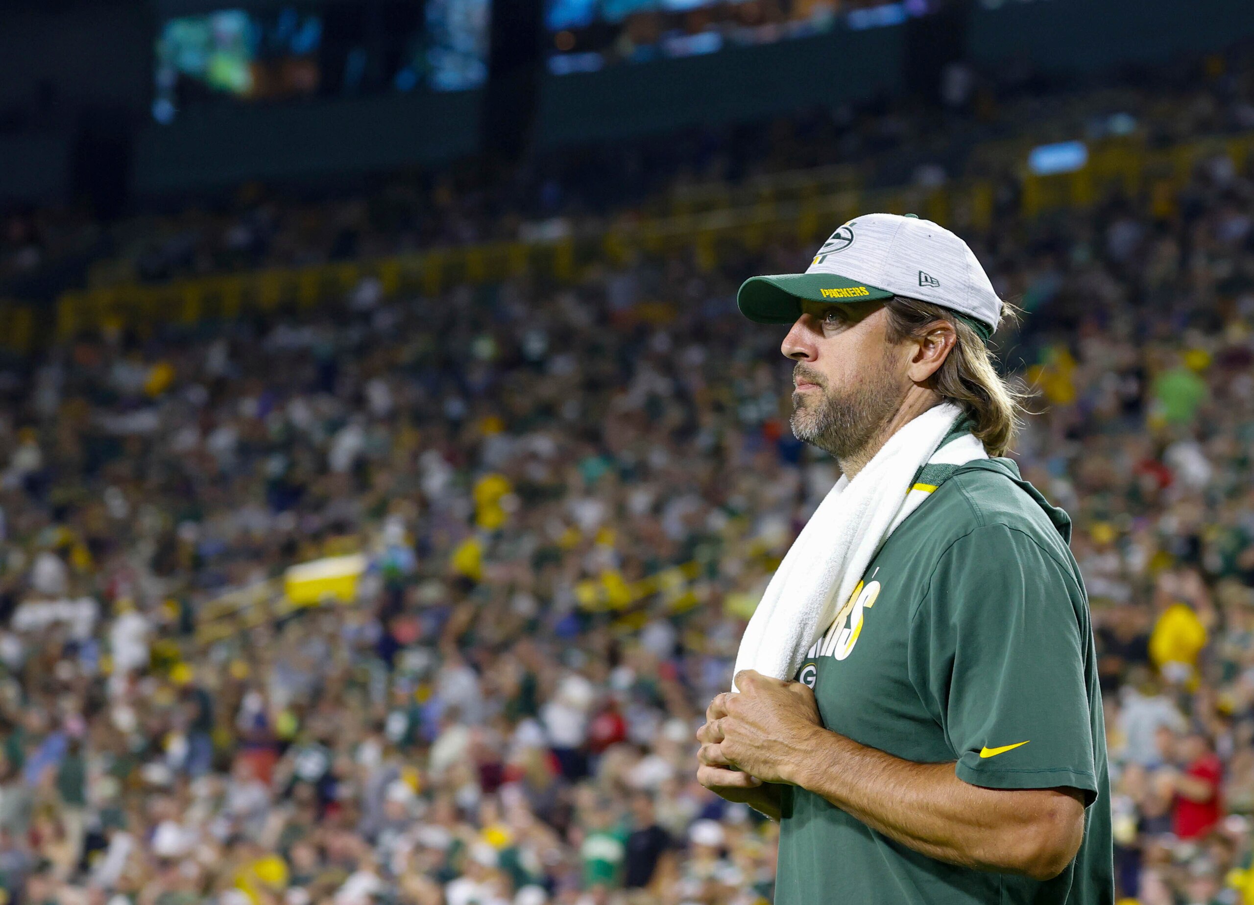 Green Bay Packers' Aaron Rodgers watches the action during the Green Bay Packers' preseason NFL football game against the Houston Texans Saturday, Aug.14,2021 in Green Bay, Wis. (AP Photo/Jeffrey Phelps) Green Bay Packers' Aaron Rodgers watches the action during the Green Bay Packers' preseason NFL football game against the Houston Texans Saturday, Aug.14,2021 in Green Bay, Wis. (AP Photo/Jeffrey Phelps)
