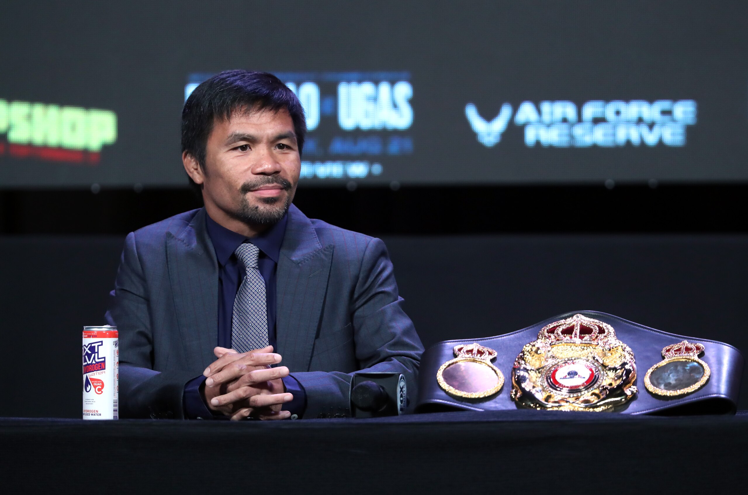 LAS VEGAS, NEVADA - AUGUST 18: Manny Pacquiao attends a news conference at MGM Grand Garden Arena on August 18, 2021 in Las Vegas, Nevada. Pacquiao will challenge WBA welterweight champion Yordenis Ugas for his title at T-Mobile Arena on August 21 in Las Vegas. (Photo by Steve Marcus/Getty Images) LAS VEGAS, NEVADA - AUGUST 18: Manny Pacquiao attends a news conference at MGM Grand Garden Arena on August 18, 2021 in Las Vegas, Nevada. Pacquiao will challenge WBA welterweight champion Yordenis Ugas for his title at T-Mobile Arena on August 21 in Las Vegas. (Photo by Steve Marcus/Getty Images)